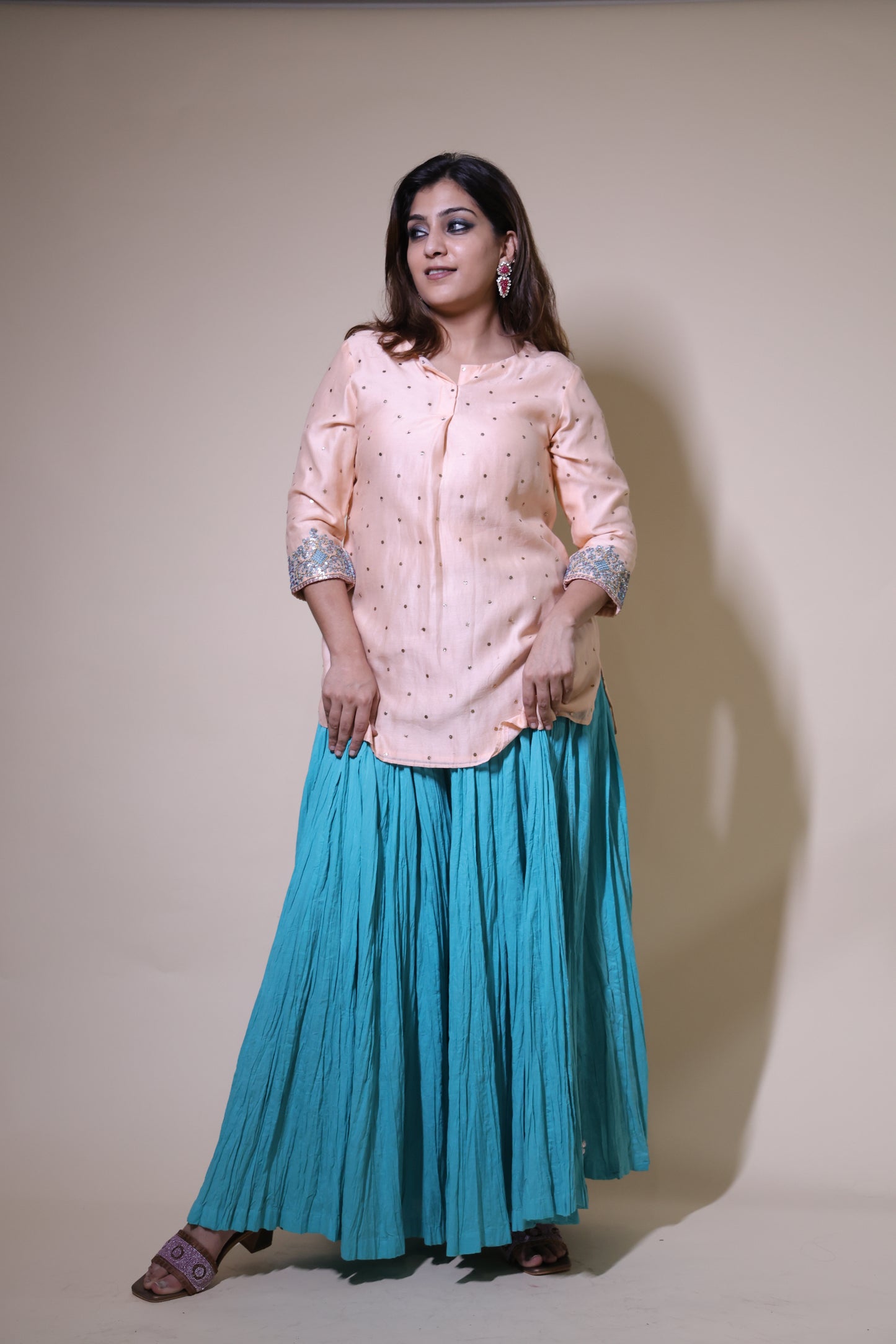 Peach Mukaish Chanderi Short Kurta with Contemporary Gottapatti with Crushed Cotton Skirt