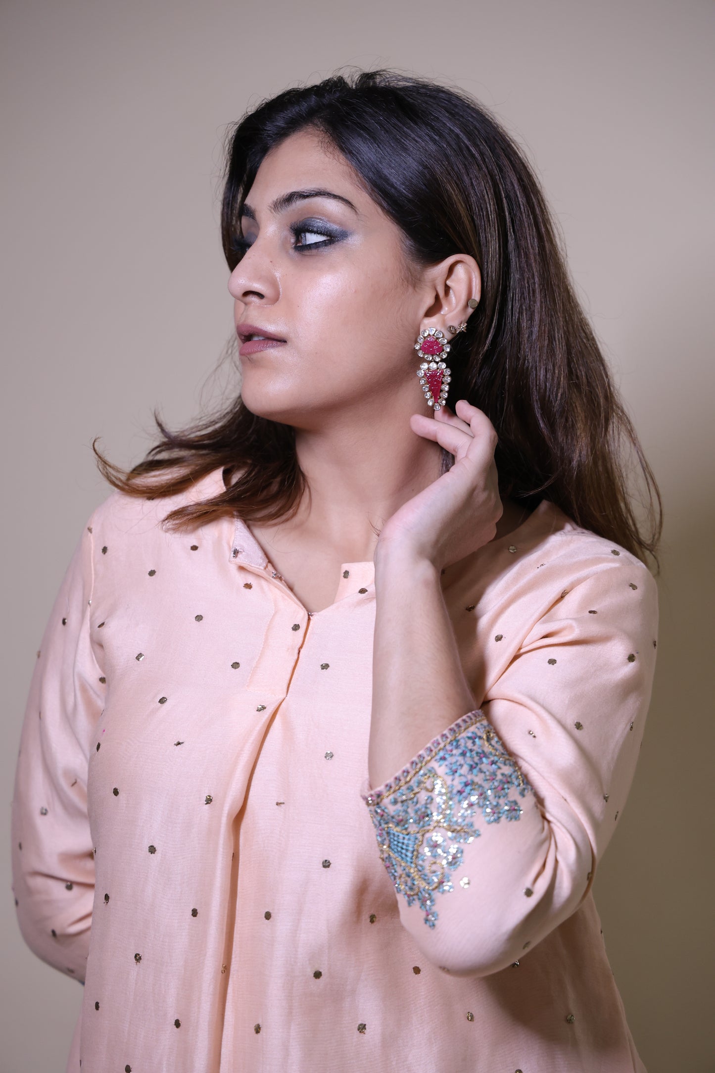 Peach Mukaish Chanderi Short Kurta with Contemporary Gottapatti with Crushed Cotton Skirt