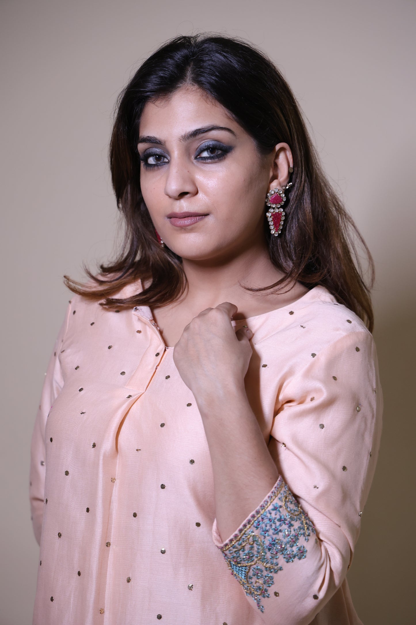 Peach Mukaish Chanderi Short Kurta with Contemporary Gottapatti with Crushed Cotton Skirt