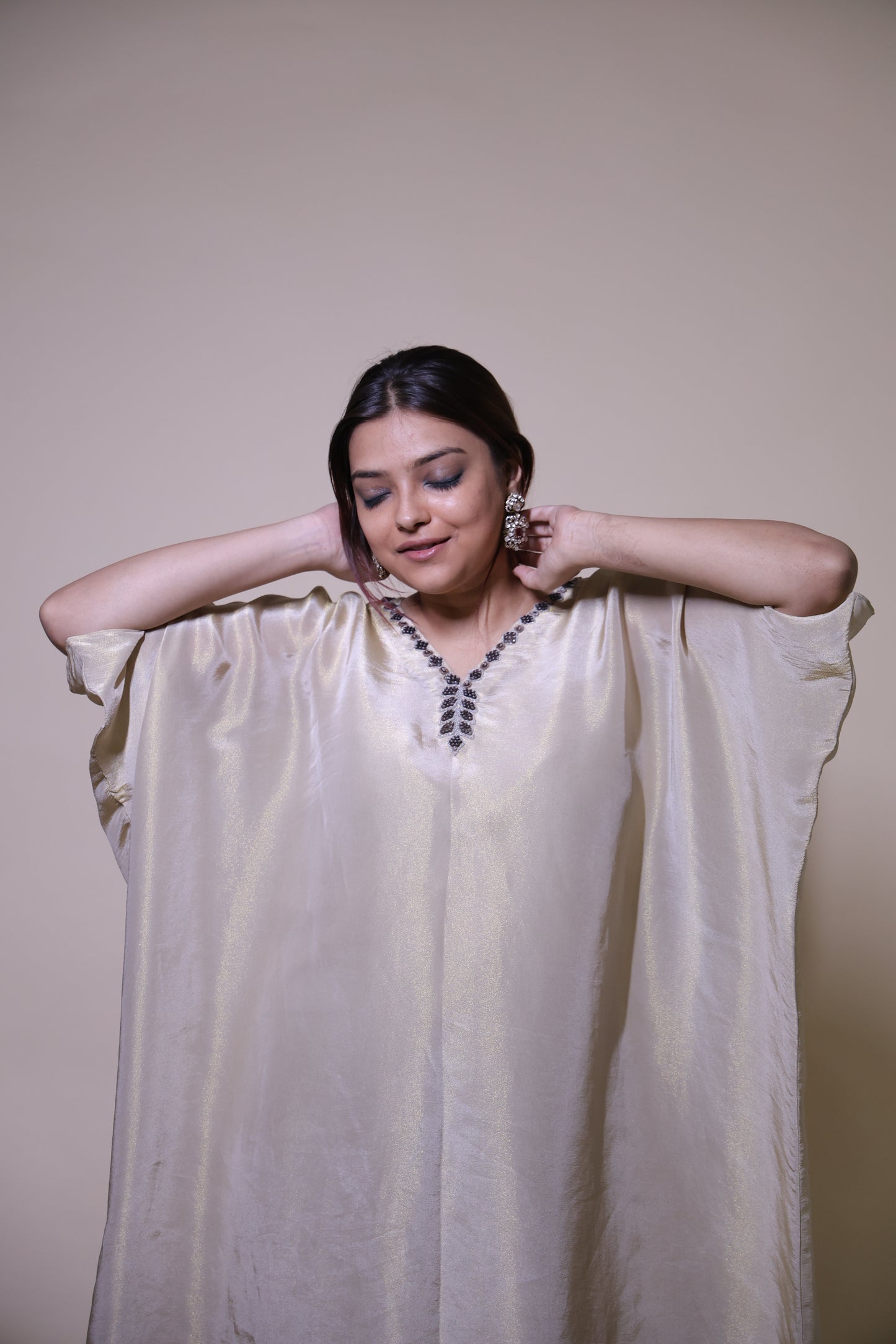 Off-white gold tissue  kaftaan with antique handwork