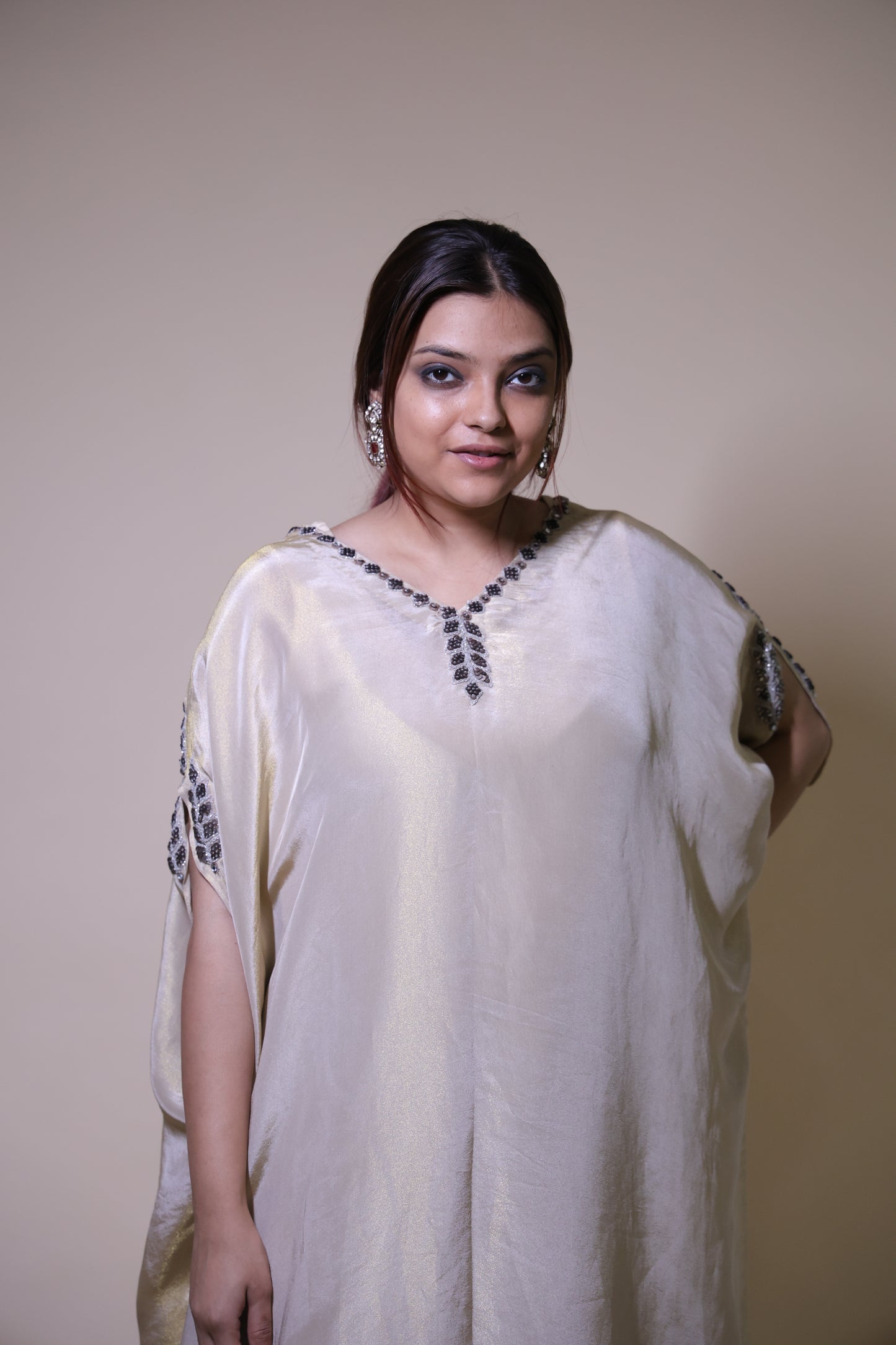 Off-white gold tissue  kaftaan with antique handwork