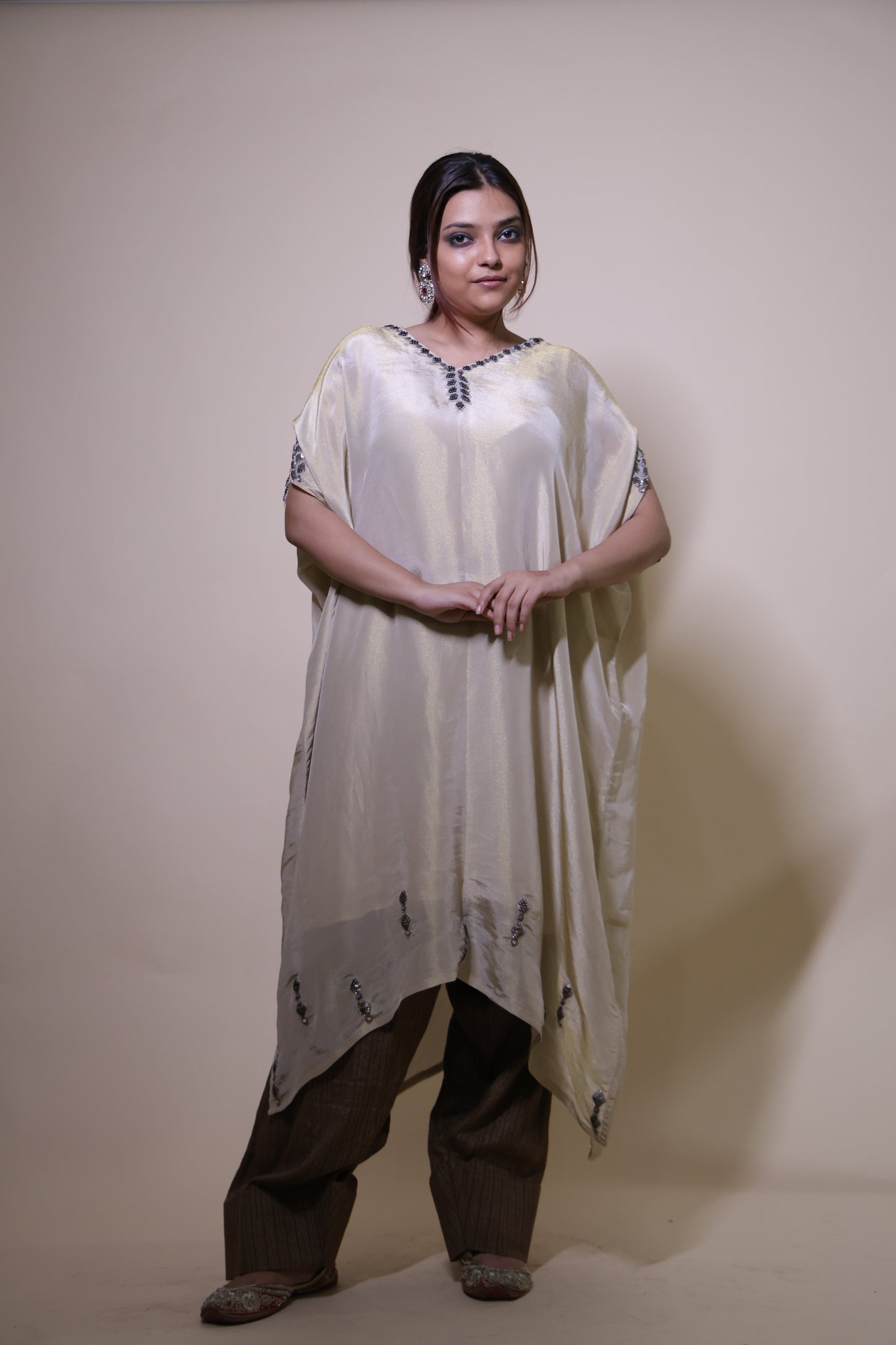 Off-white gold tissue  kaftaan with antique handwork