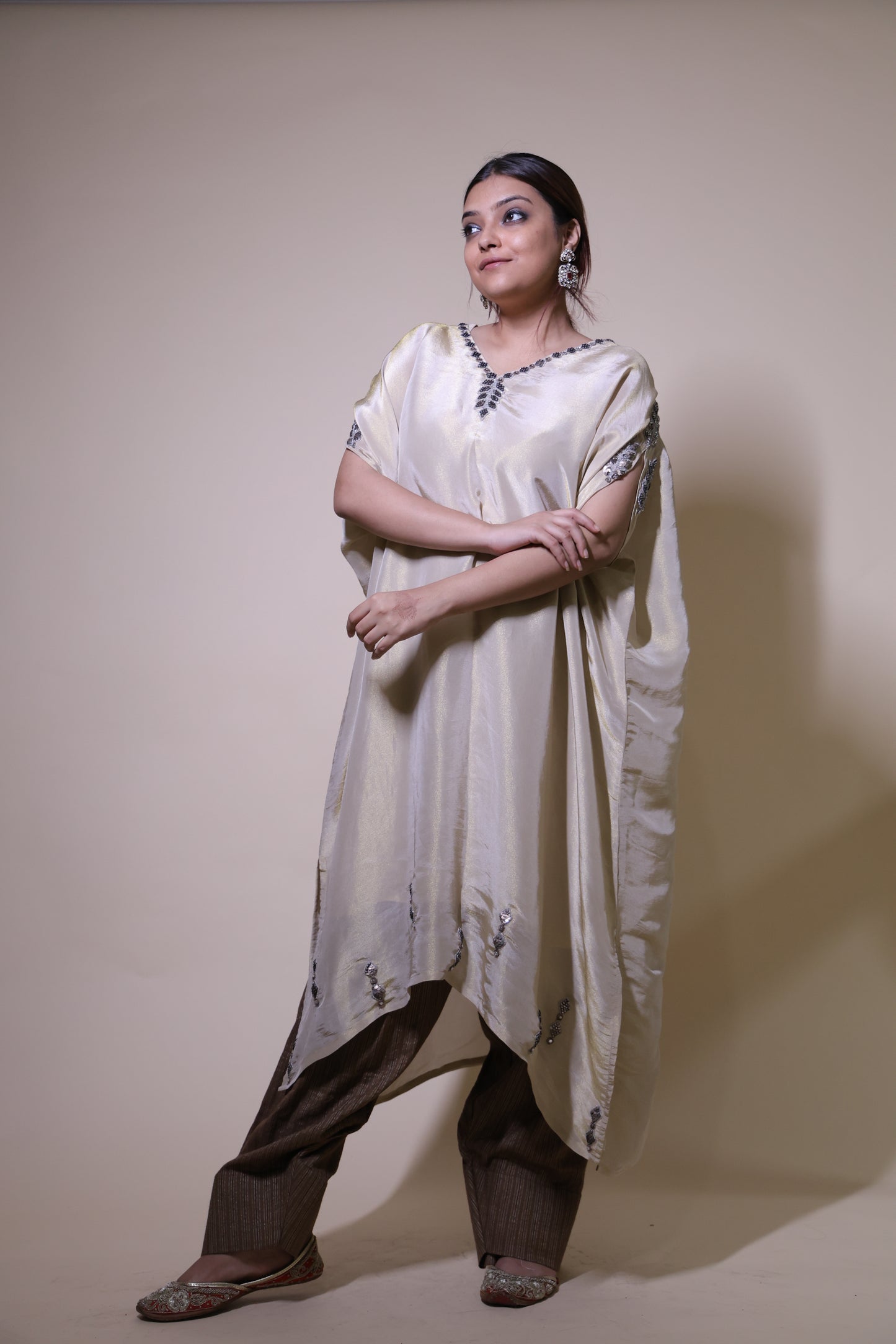 Off-white gold tissue  kaftaan with antique handwork