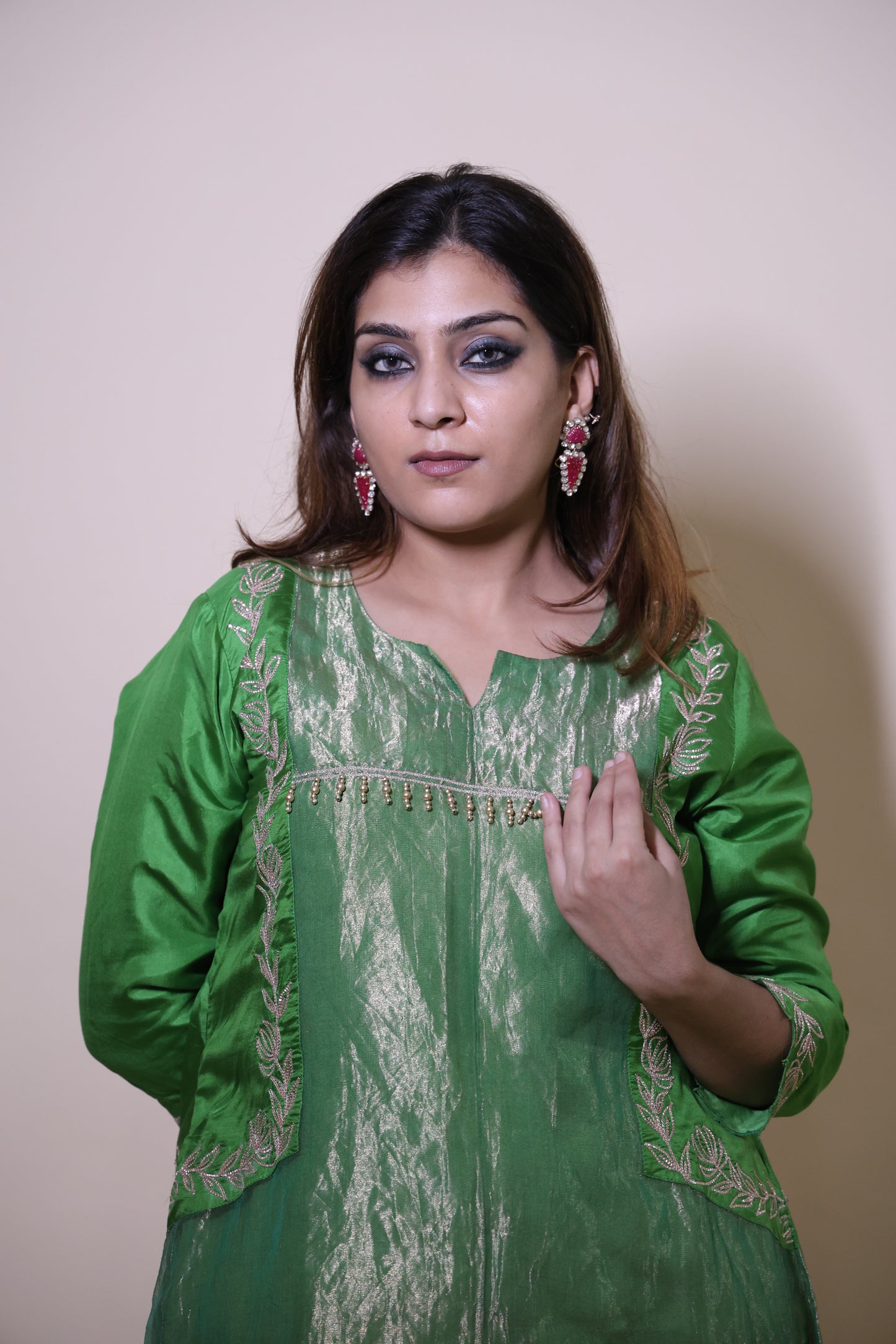 Green Tissue Kurta Short Kurta with Gottapatti and Beige Palazzo