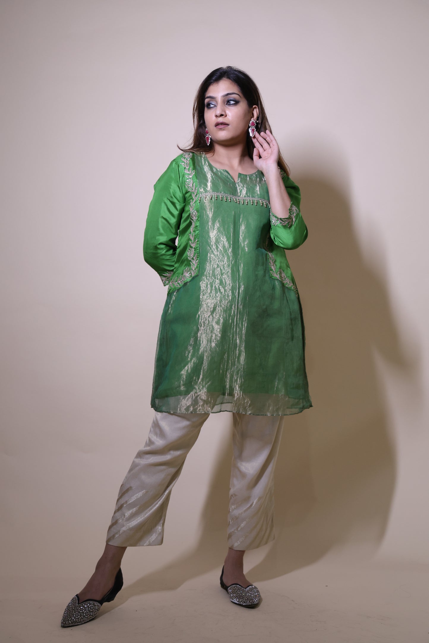 Green Tissue Kurta Short Kurta with Gottapatti and Beige Palazzo