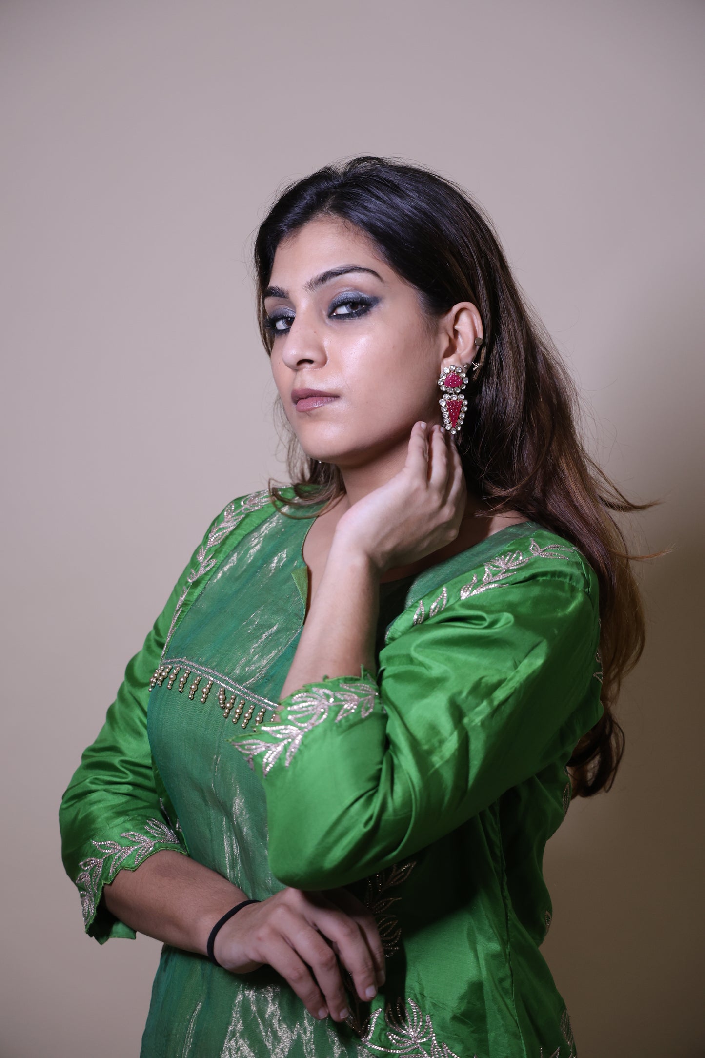 Green Tissue Kurta Short Kurta with Gottapatti and Beige Palazzo