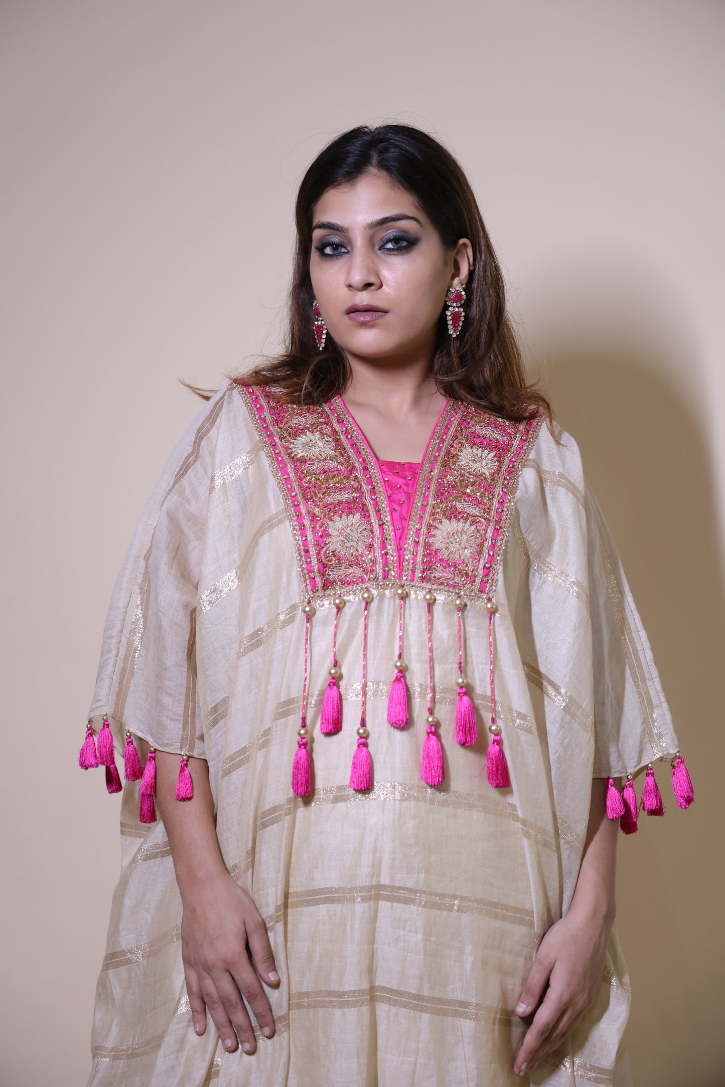 Beige and pink chanderi silk kaftaan with zardozi work