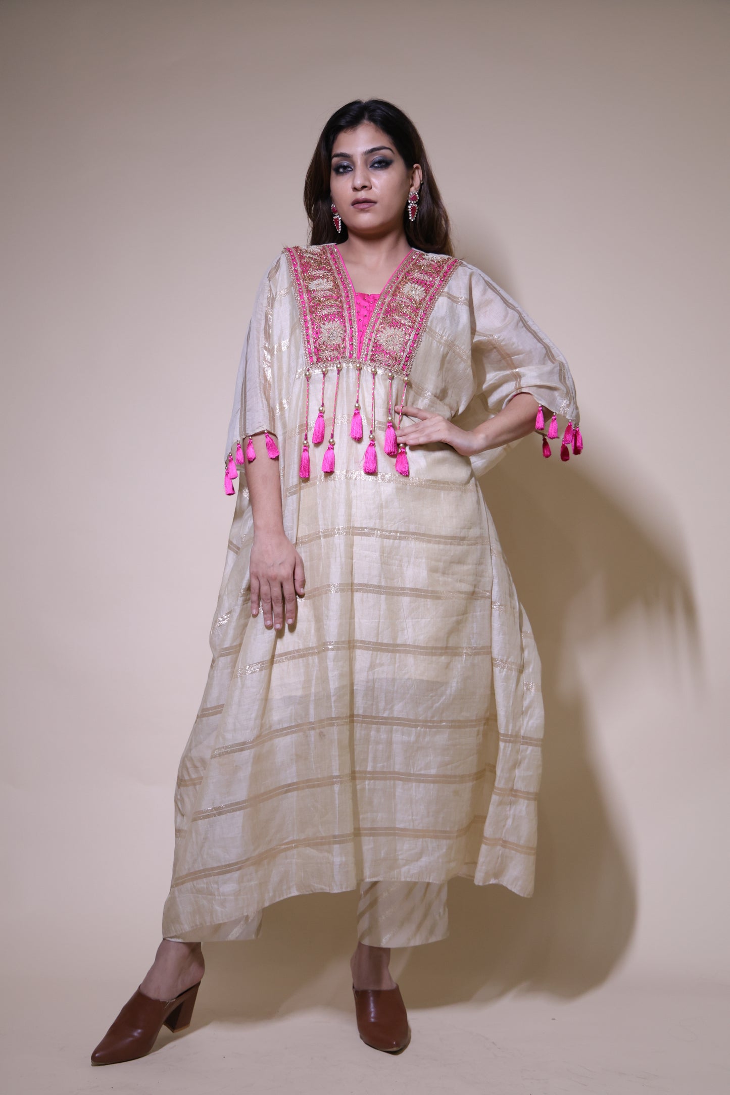 Beige and pink chanderi silk kaftaan with zardozi work