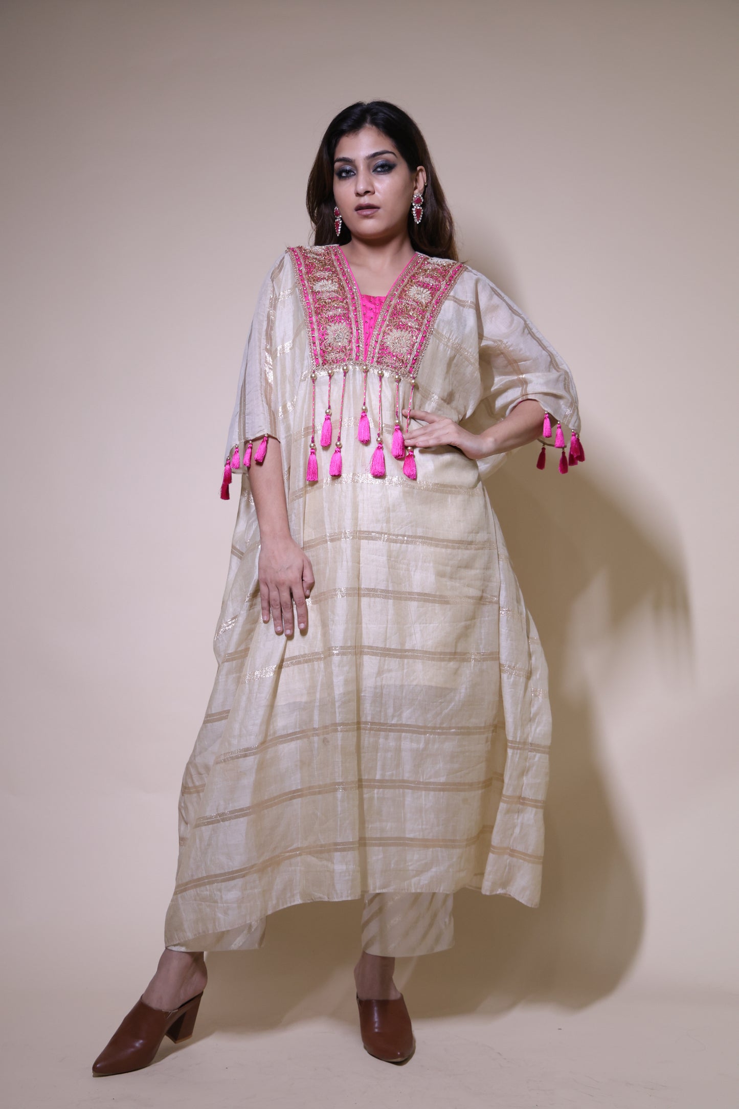 Beige and pink chanderi silk kaftaan with zardozi work