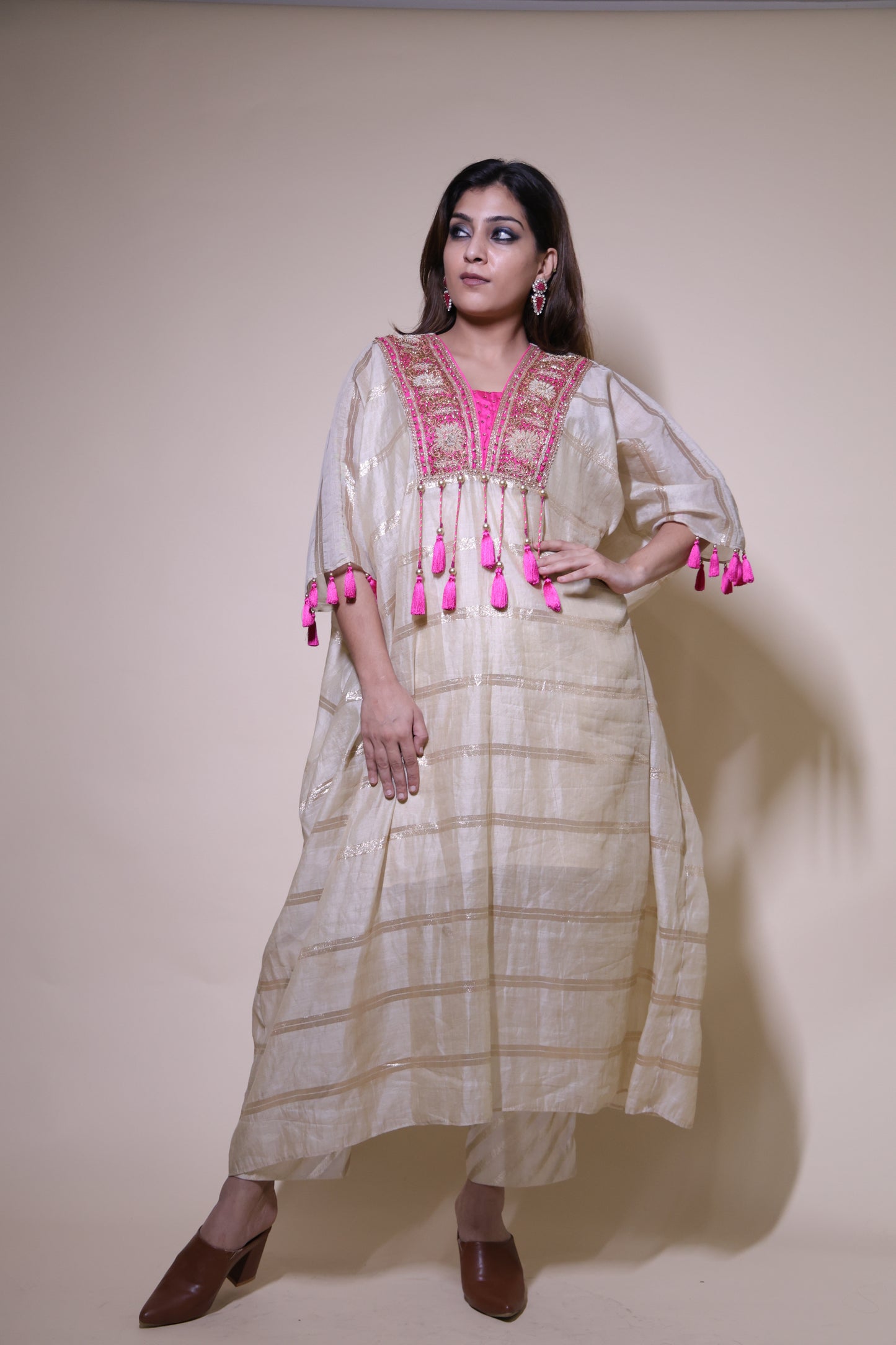 Beige and pink chanderi silk kaftaan with zardozi work