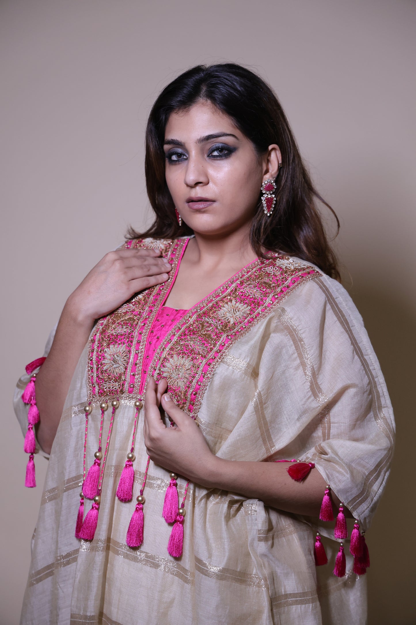 Beige and pink chanderi silk kaftaan with zardozi work