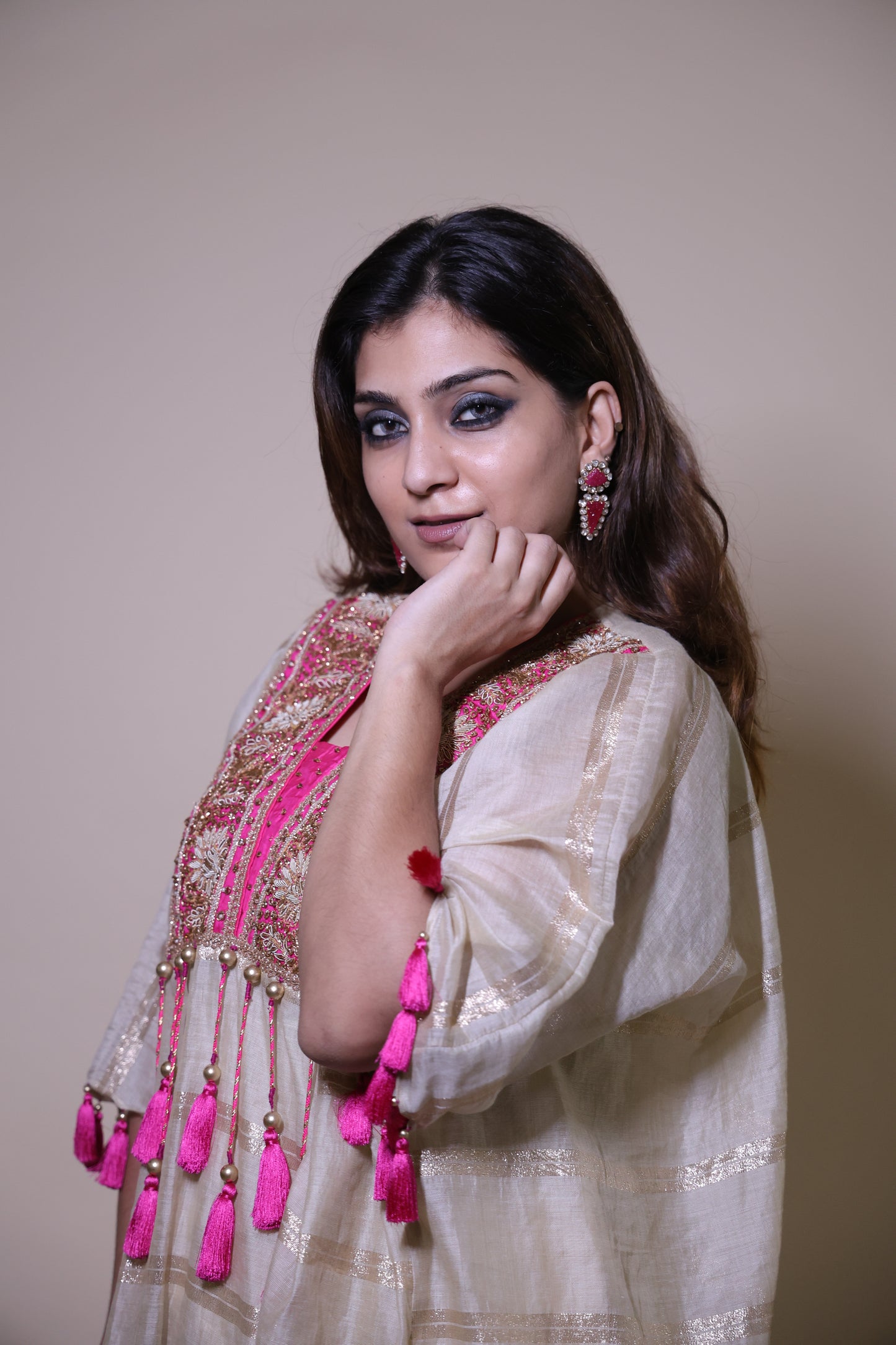 Beige and pink chanderi silk kaftaan with zardozi work