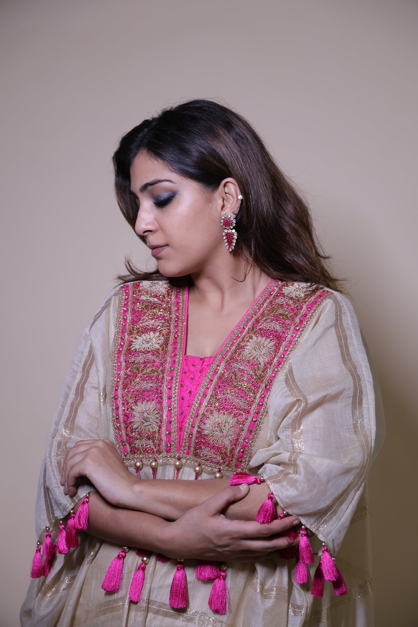 Beige and pink chanderi silk kaftaan with zardozi work