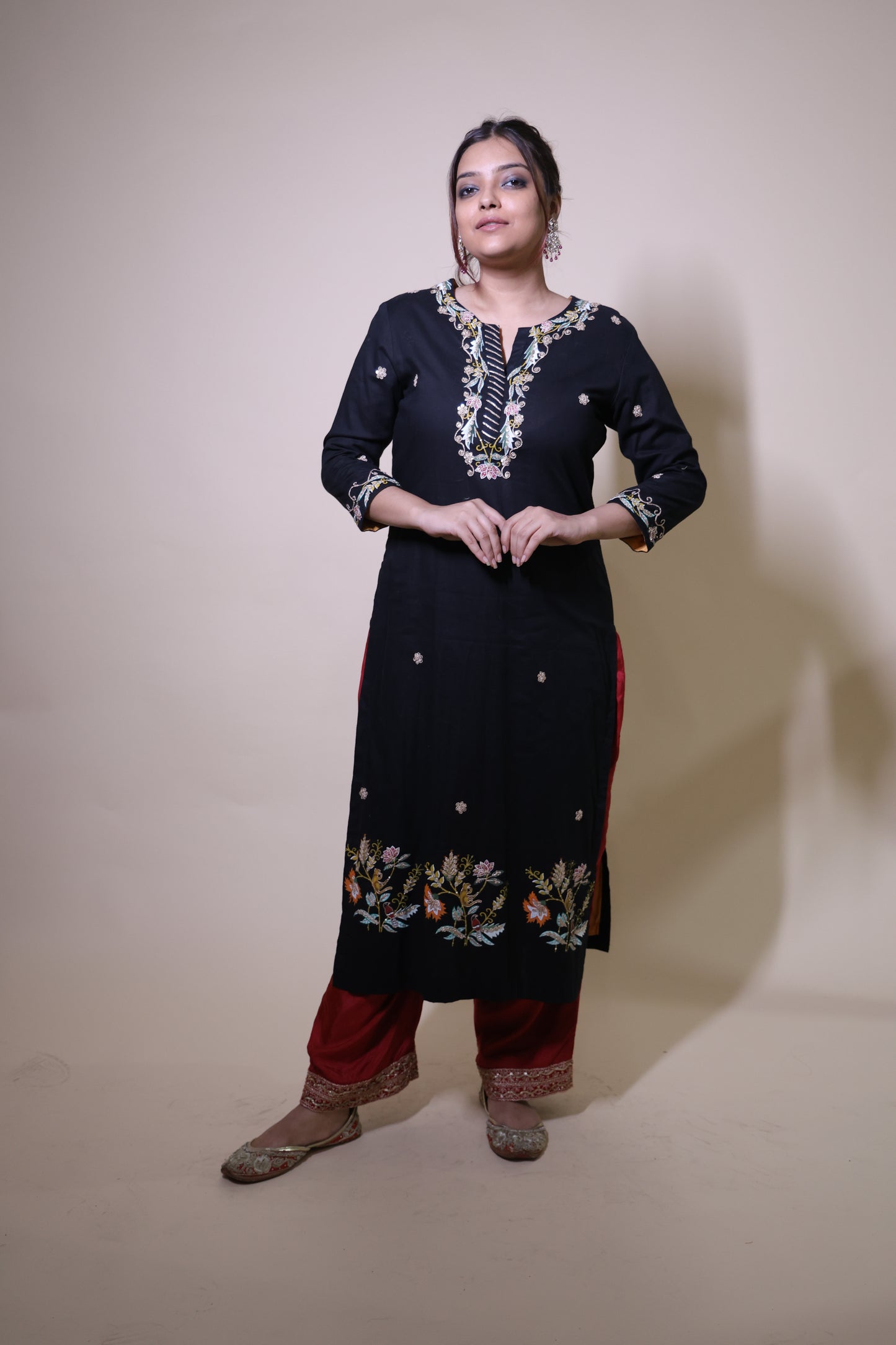 Black Handcrafted Kurta with Miniature Painting &amp; Dori Marodi Work with red silk palazzo
