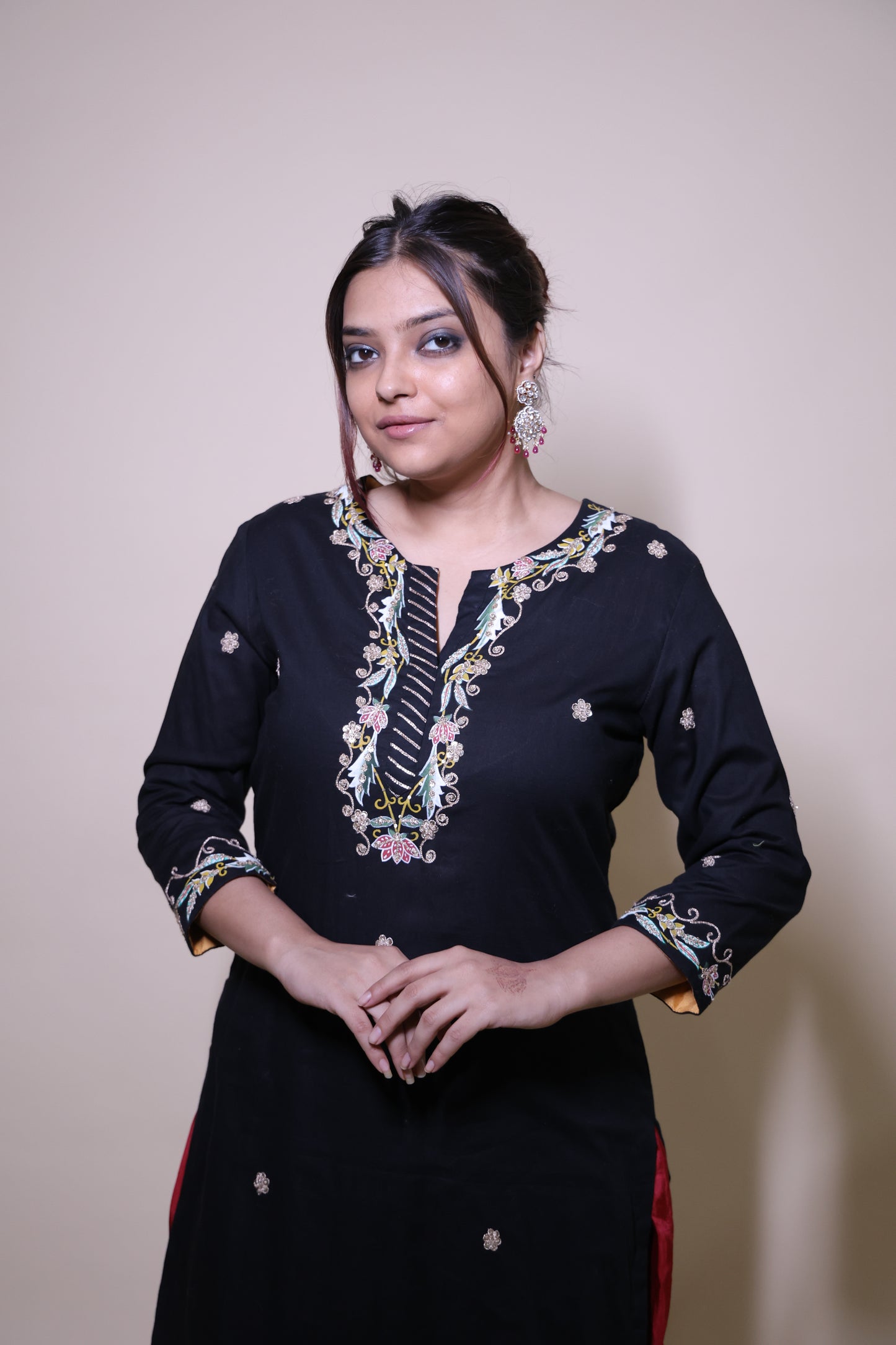 Black Handcrafted Kurta with Miniature Painting &amp; Dori Marodi Work with red silk palazzo