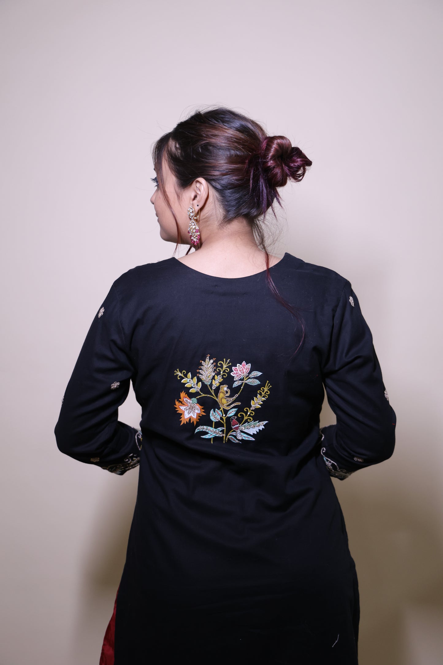 Black Handcrafted Kurta with Miniature Painting &amp; Dori Marodi Work with red silk palazzo