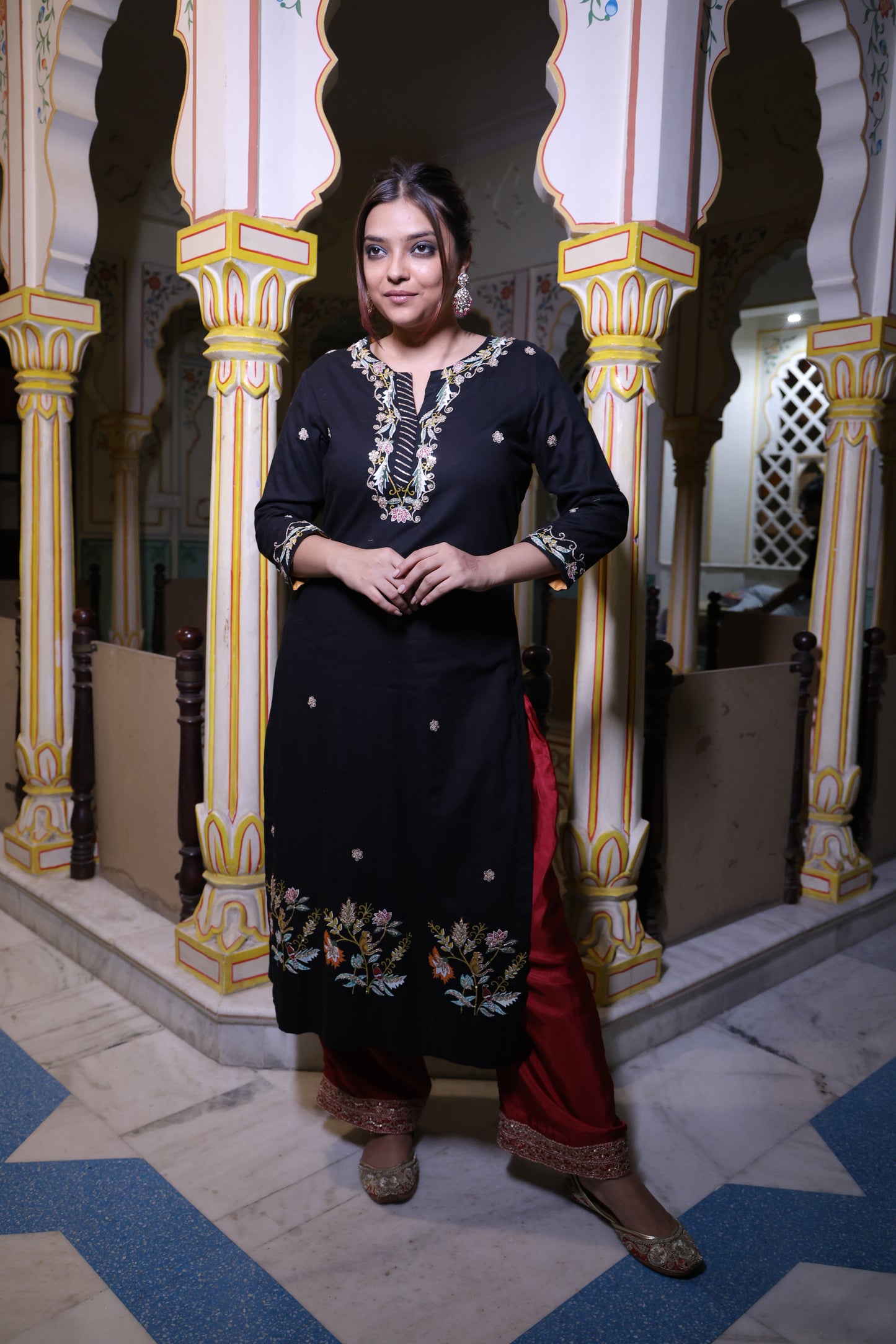 Black Handcrafted Kurta with Miniature Painting &amp; Dori Marodi Work with red silk palazzo