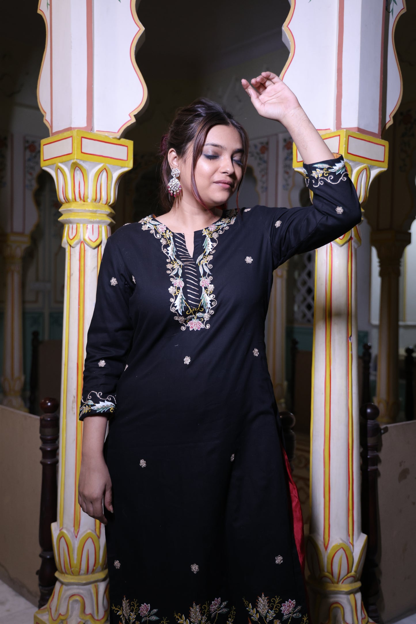 Black Handcrafted Kurta with Miniature Painting &amp; Dori Marodi Work with red silk palazzo