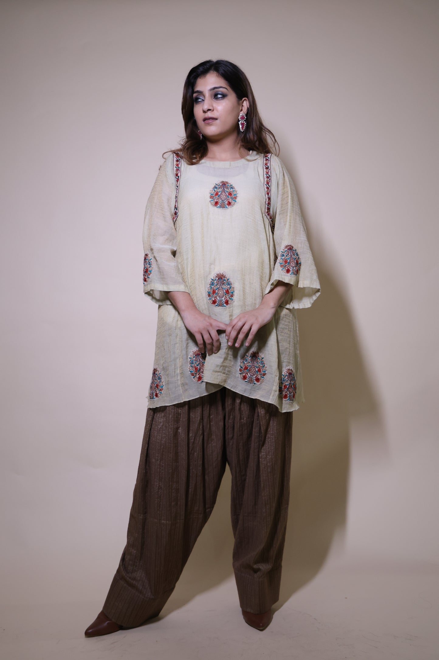 Cream short kurta with farshi  salwar