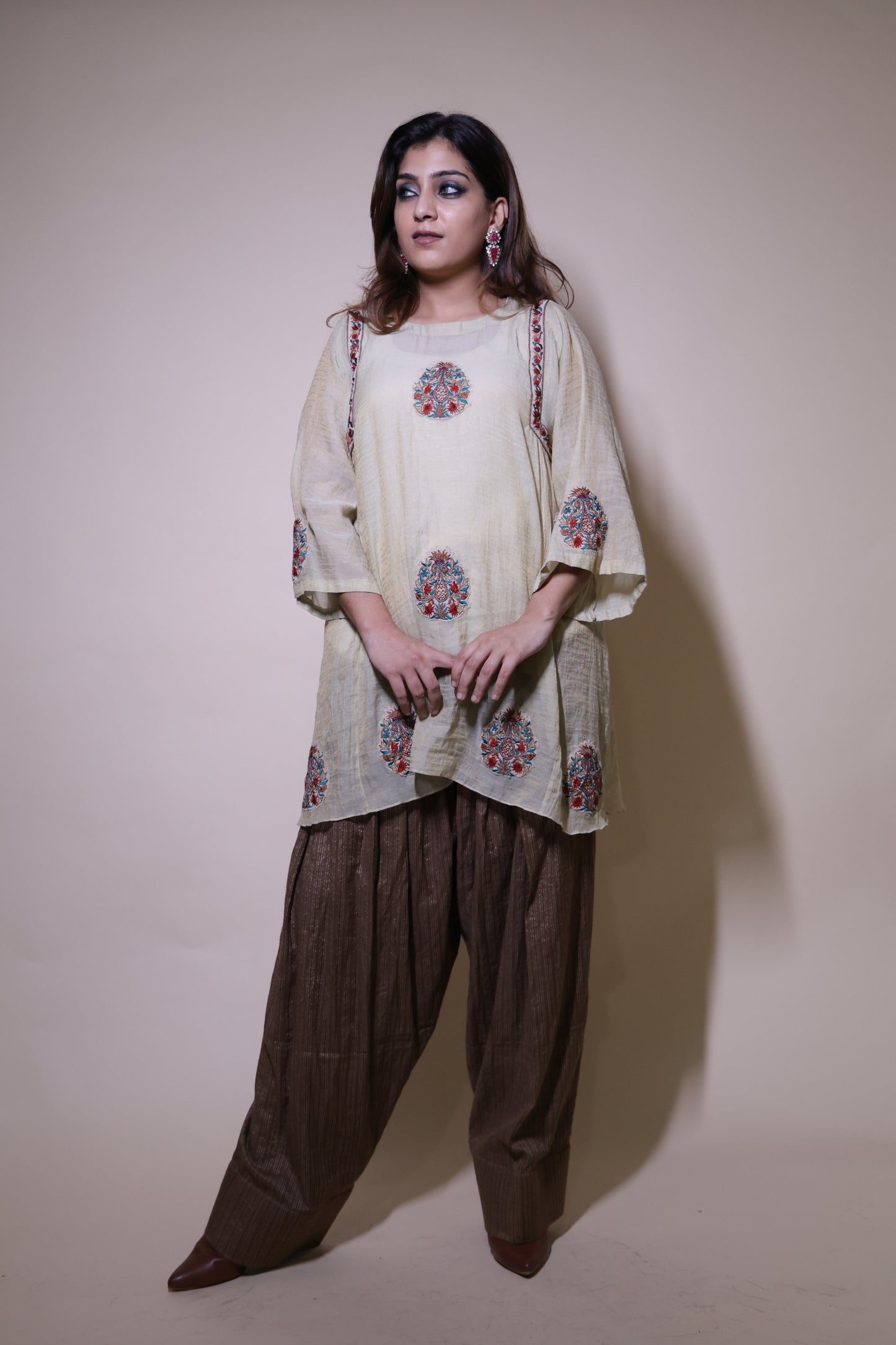 Cream short kurta with farshi  salwar