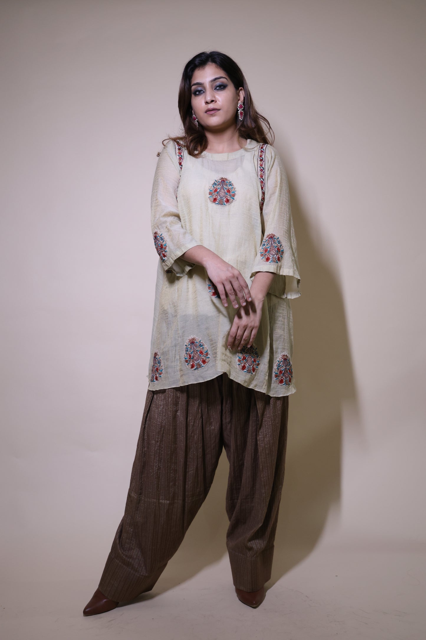 Cream short kurta with farshi  salwar