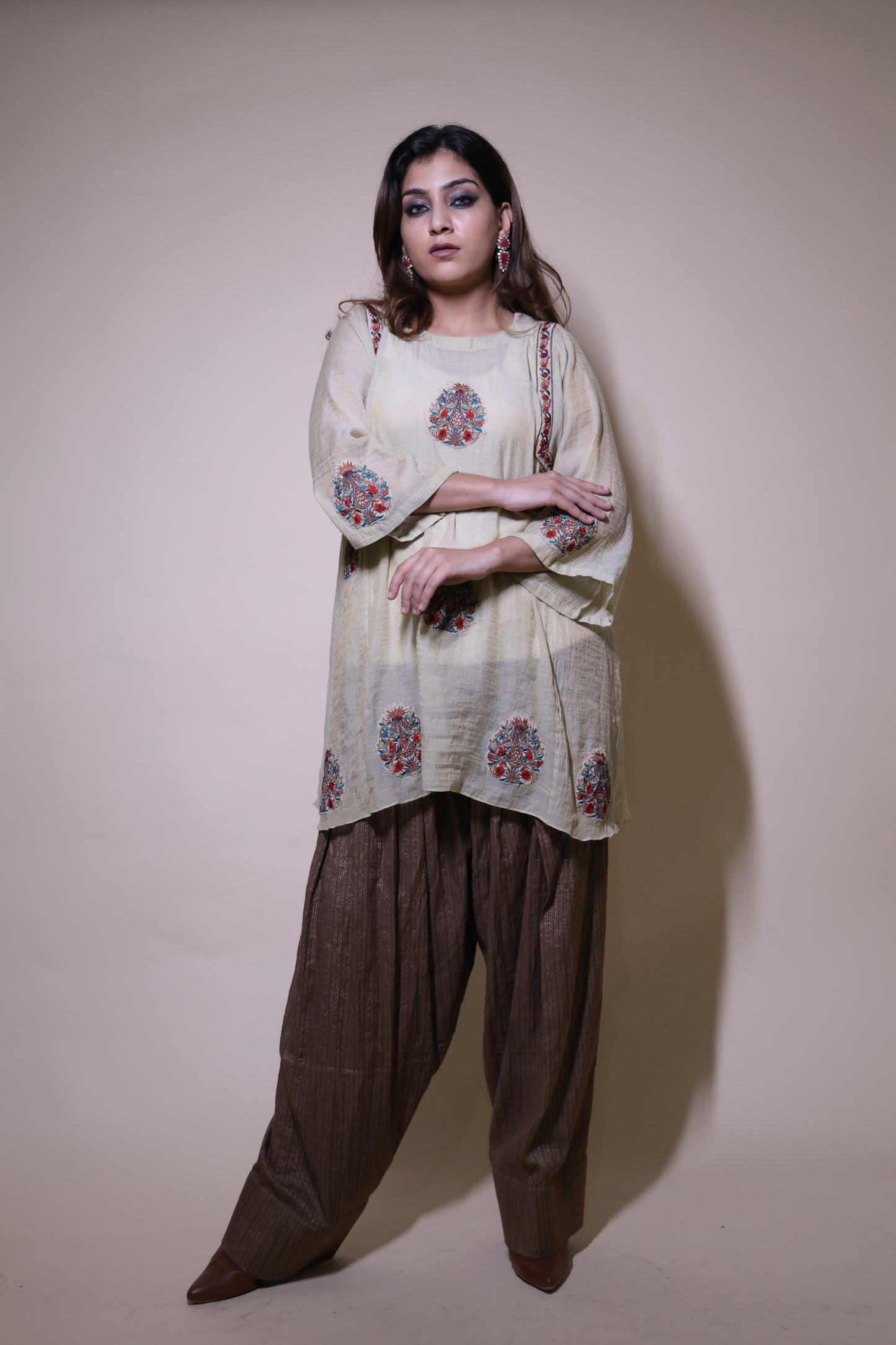 Cream short kurta with farshi  salwar