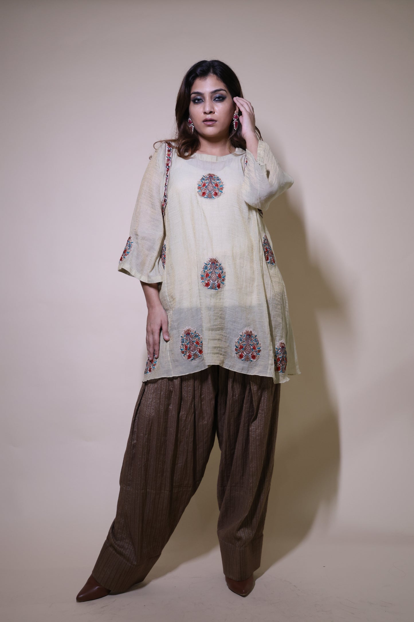 Cream short kurta with farshi  salwar