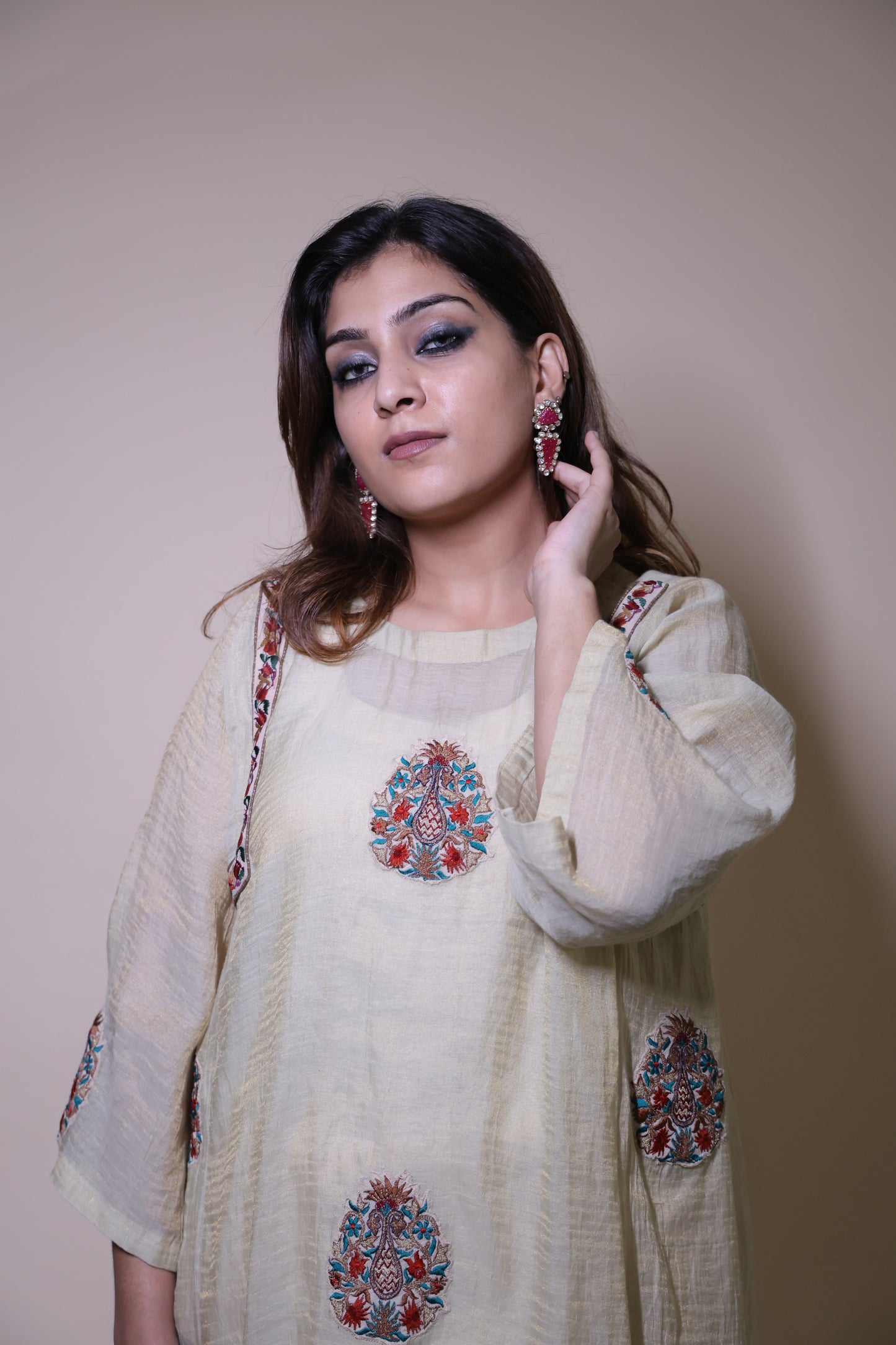 Cream short kurta with farshi  salwar