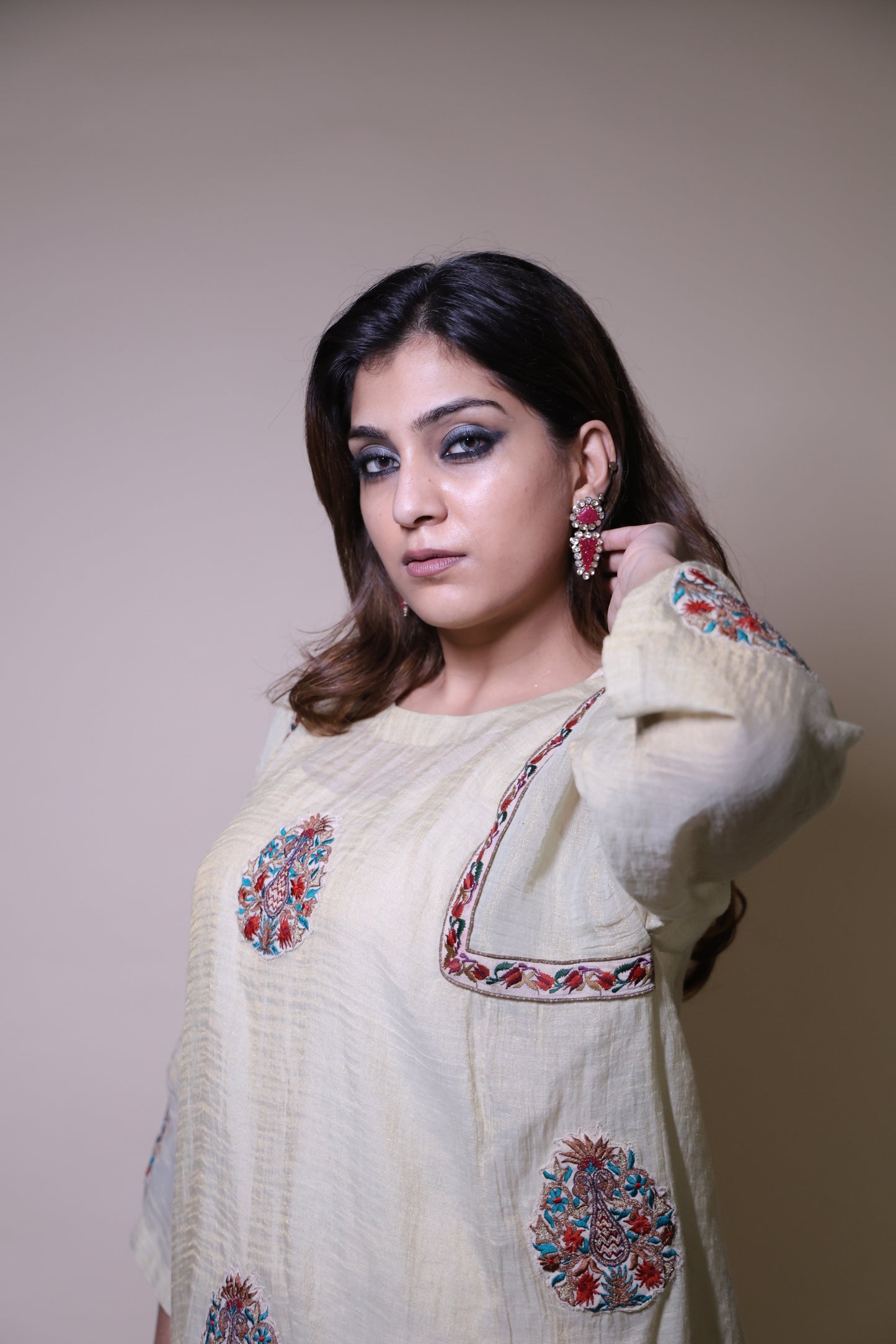 Cream short kurta with farshi  salwar