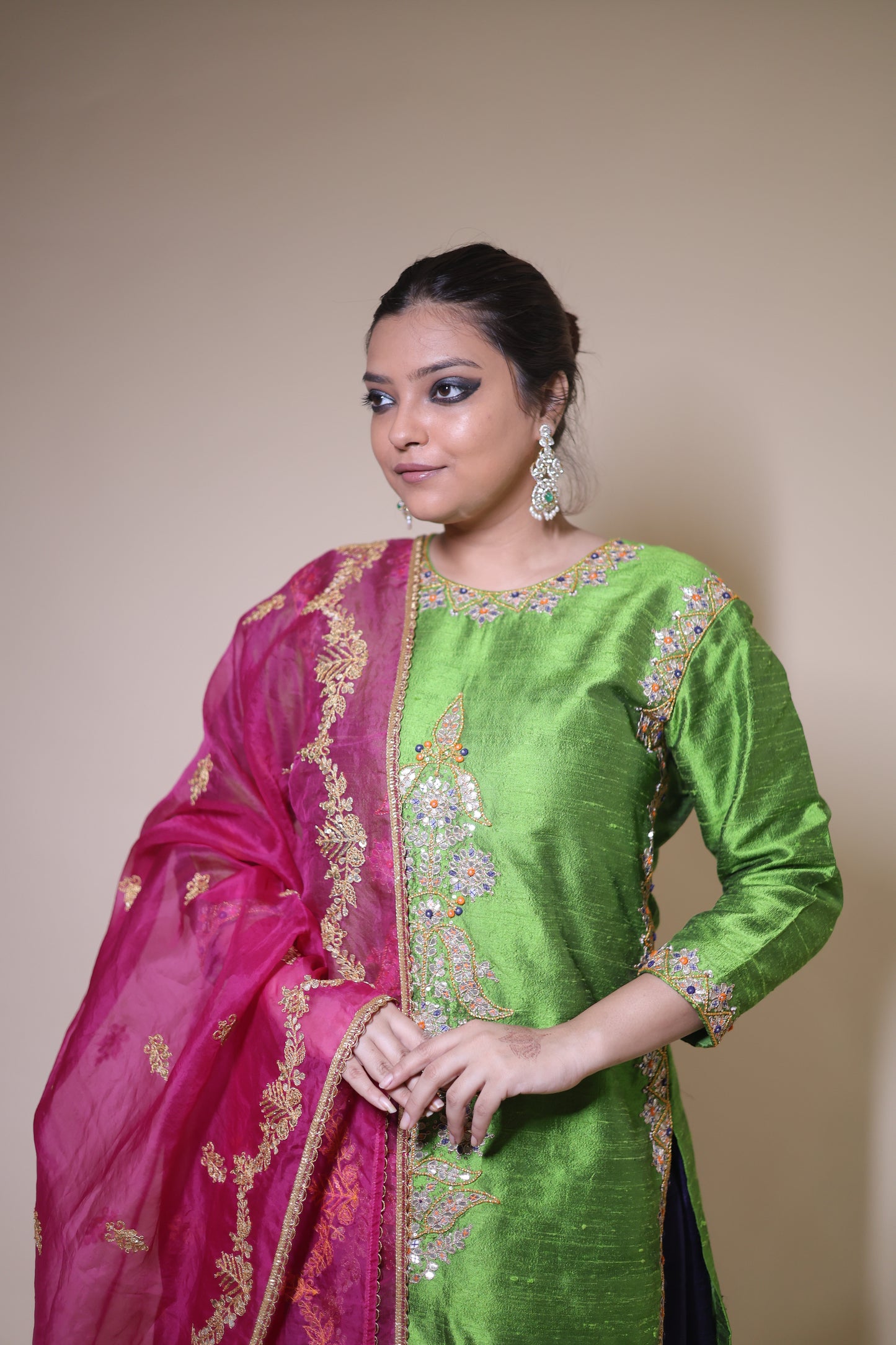 Beautiful colored lehenga with raani organza dupatta