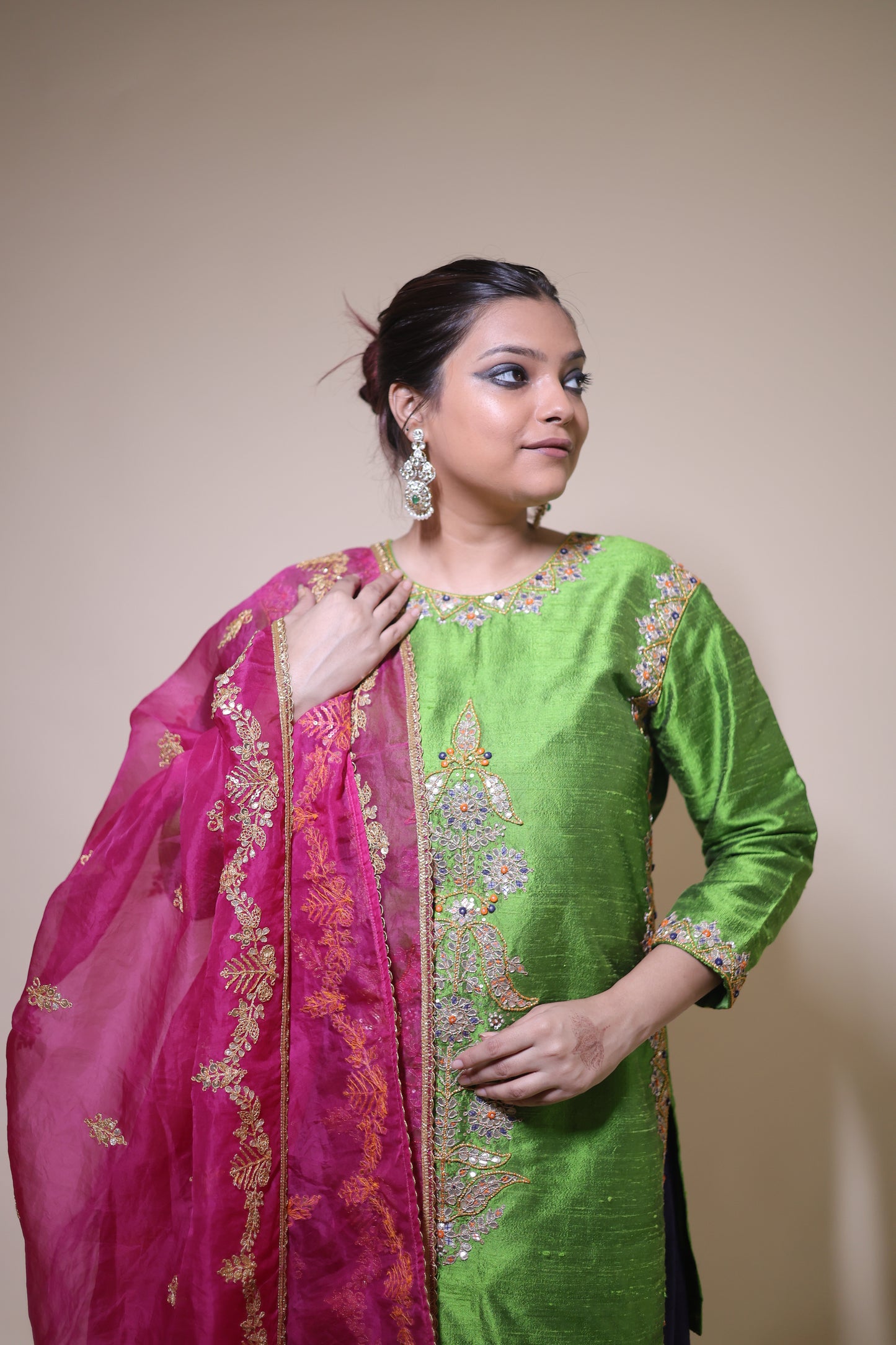 Beautiful colored lehenga with raani organza dupatta