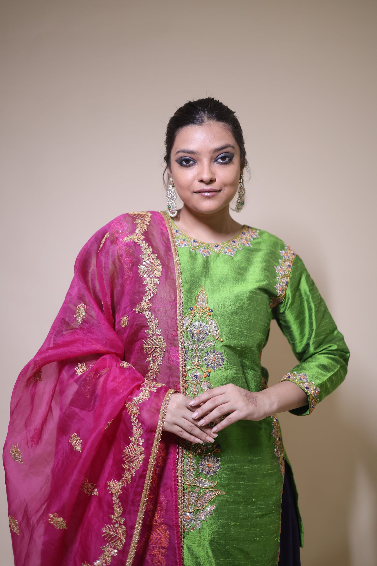 Beautiful colored lehenga with raani organza dupatta