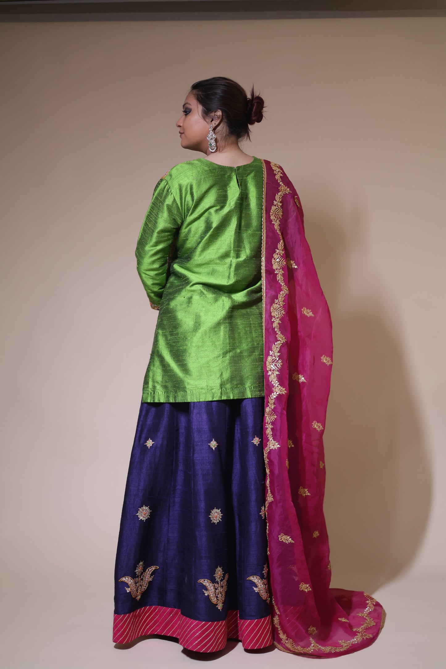 Beautiful colored lehenga with raani organza dupatta