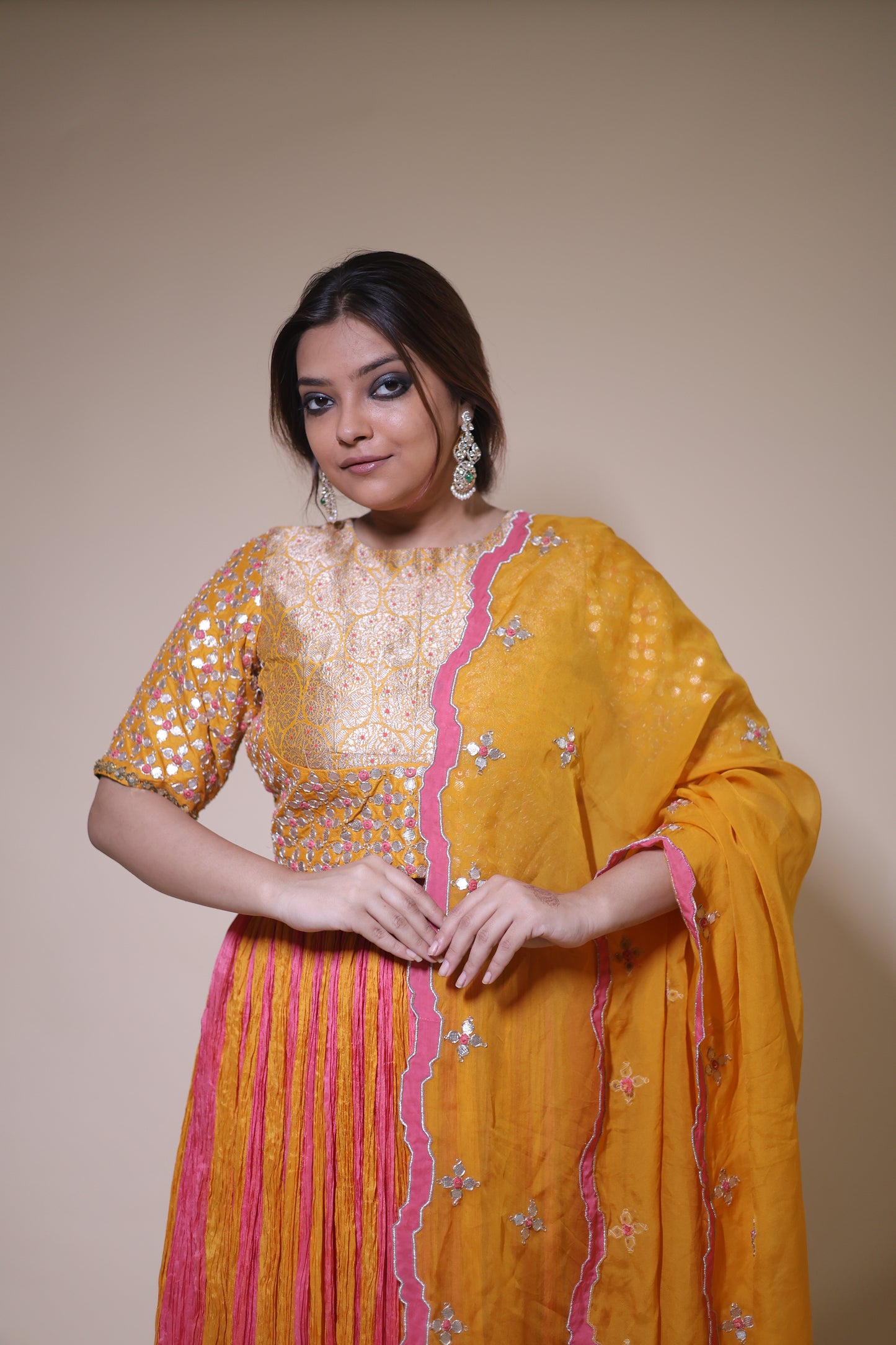 Yellow & pink sil crushed Lehenga
