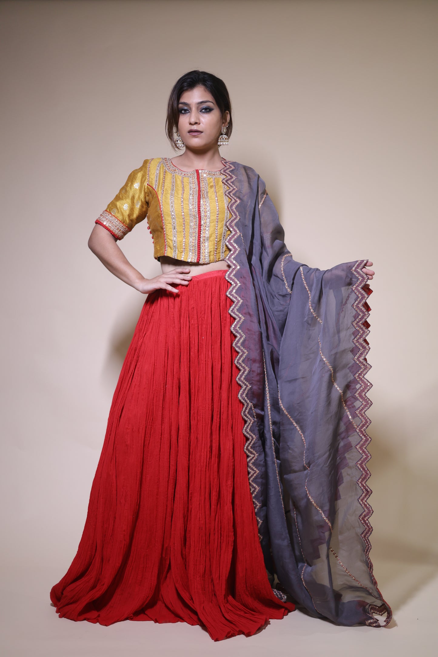 Yellow and red moonga silk lehenga set