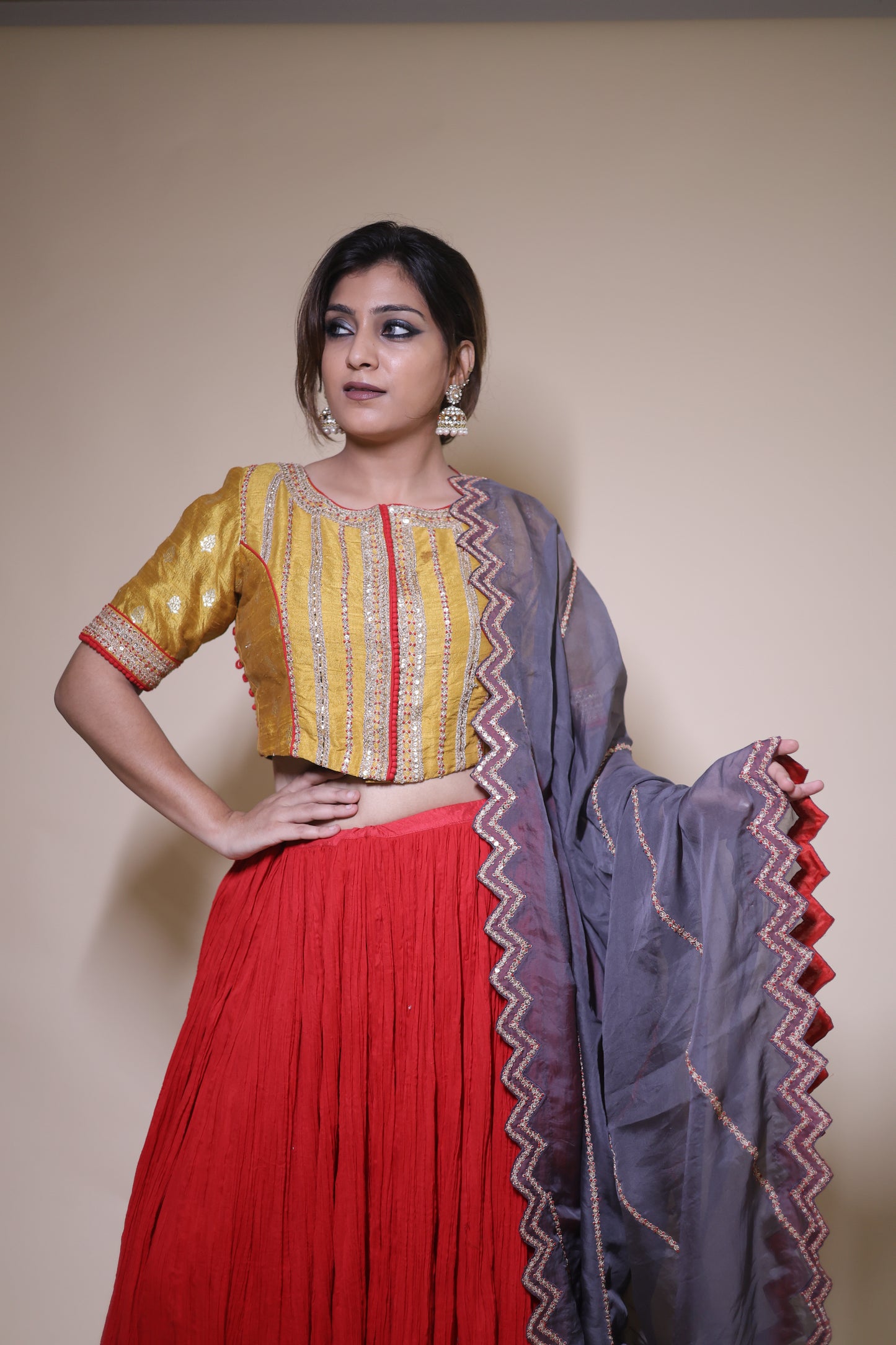 Yellow and red moonga silk lehenga set