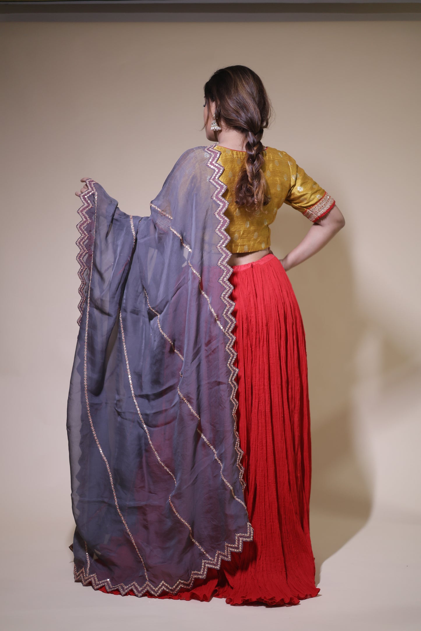 Yellow and red moonga silk lehenga set