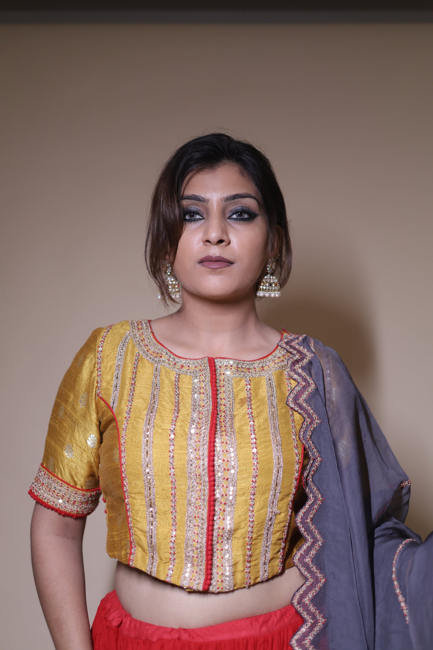 Yellow and red moonga silk lehenga set
