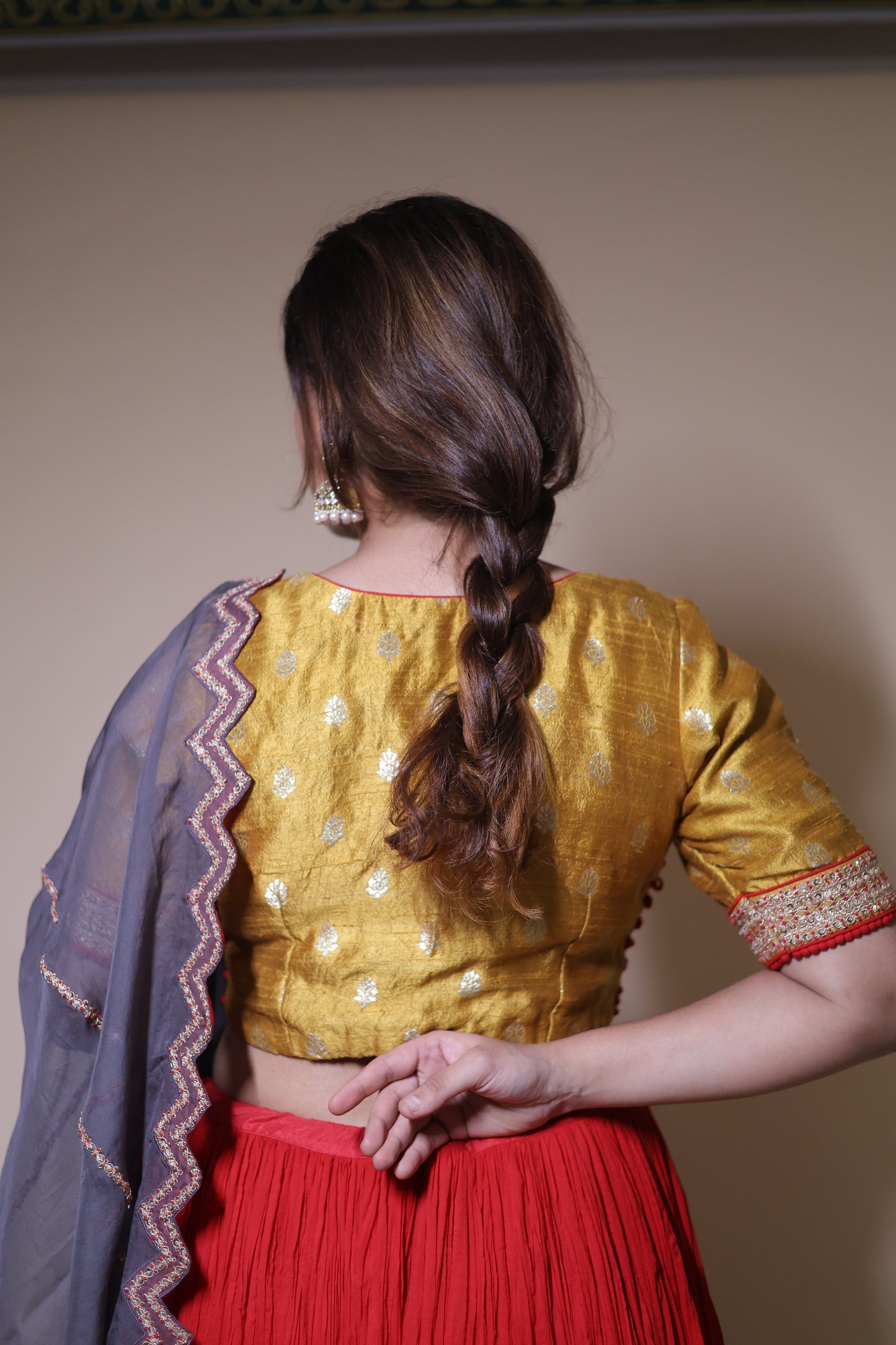 Yellow and red moonga silk lehenga set