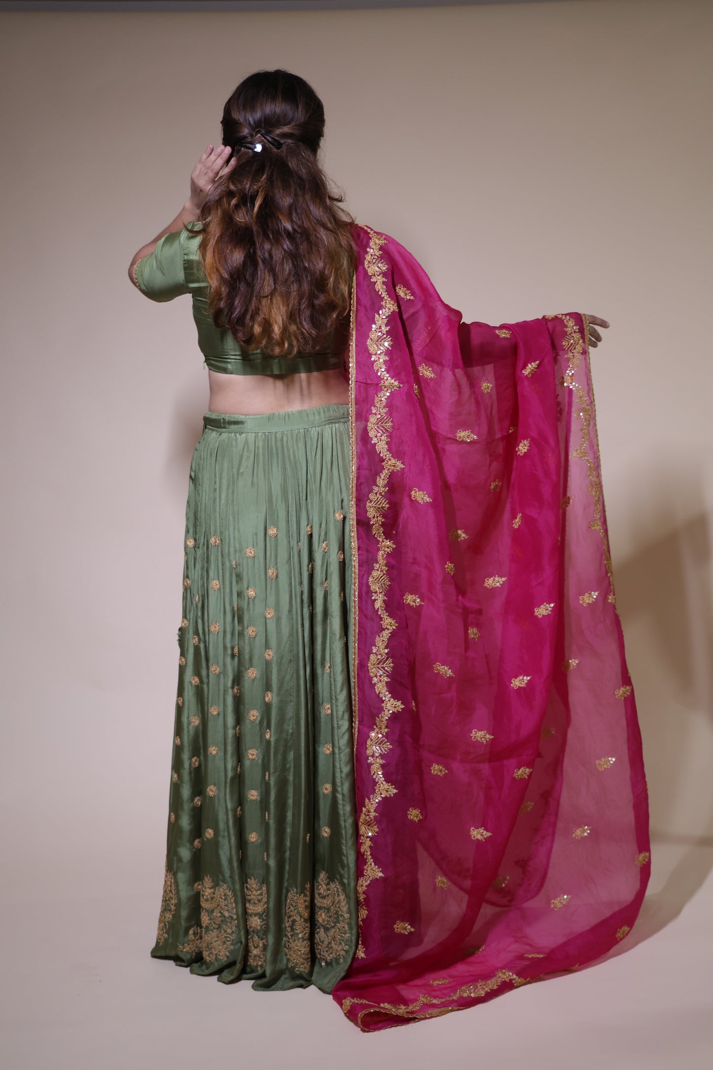 Green Silk dori madodi work  Lehenga with raani  organza dupatta
