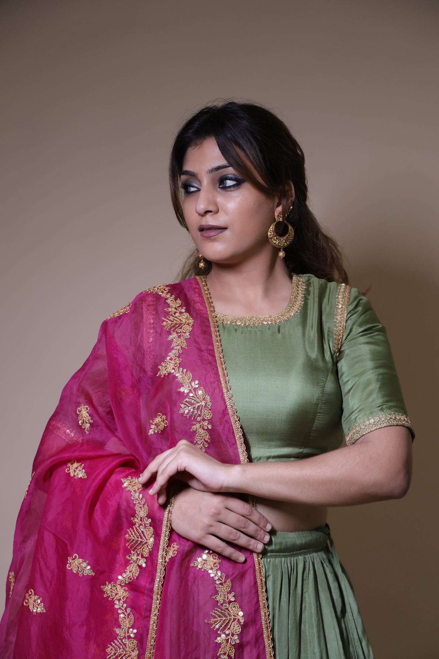 Green Silk dori madodi work  Lehenga with raani  organza dupatta