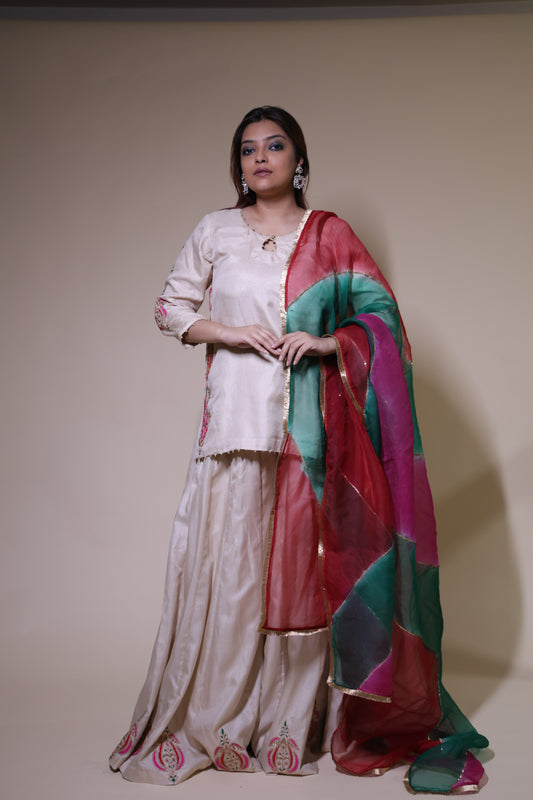 Cream Moonga Silk Sharara with Kurta & Organza dupatta