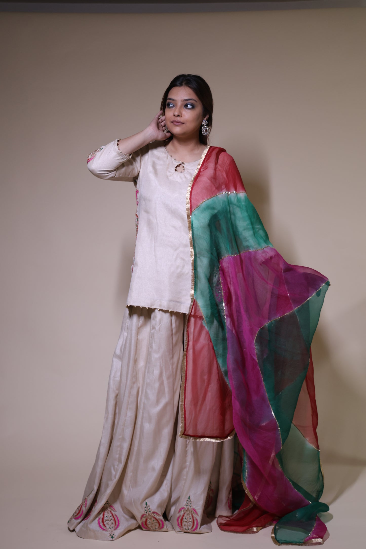 Cream Moonga Silk Sharara with Kurta & Organza dupatta