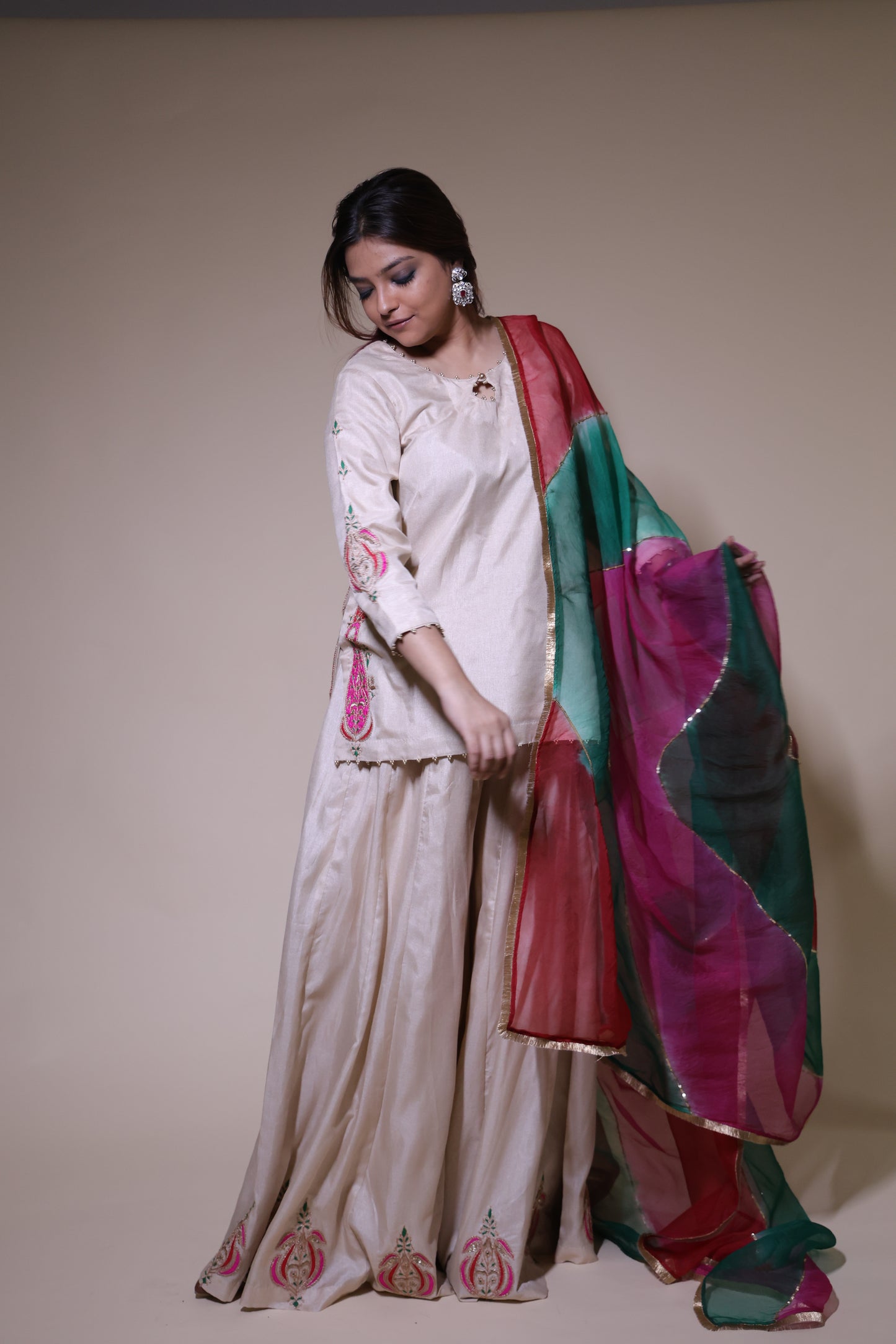 Cream Moonga Silk Sharara with Kurta & Organza dupatta