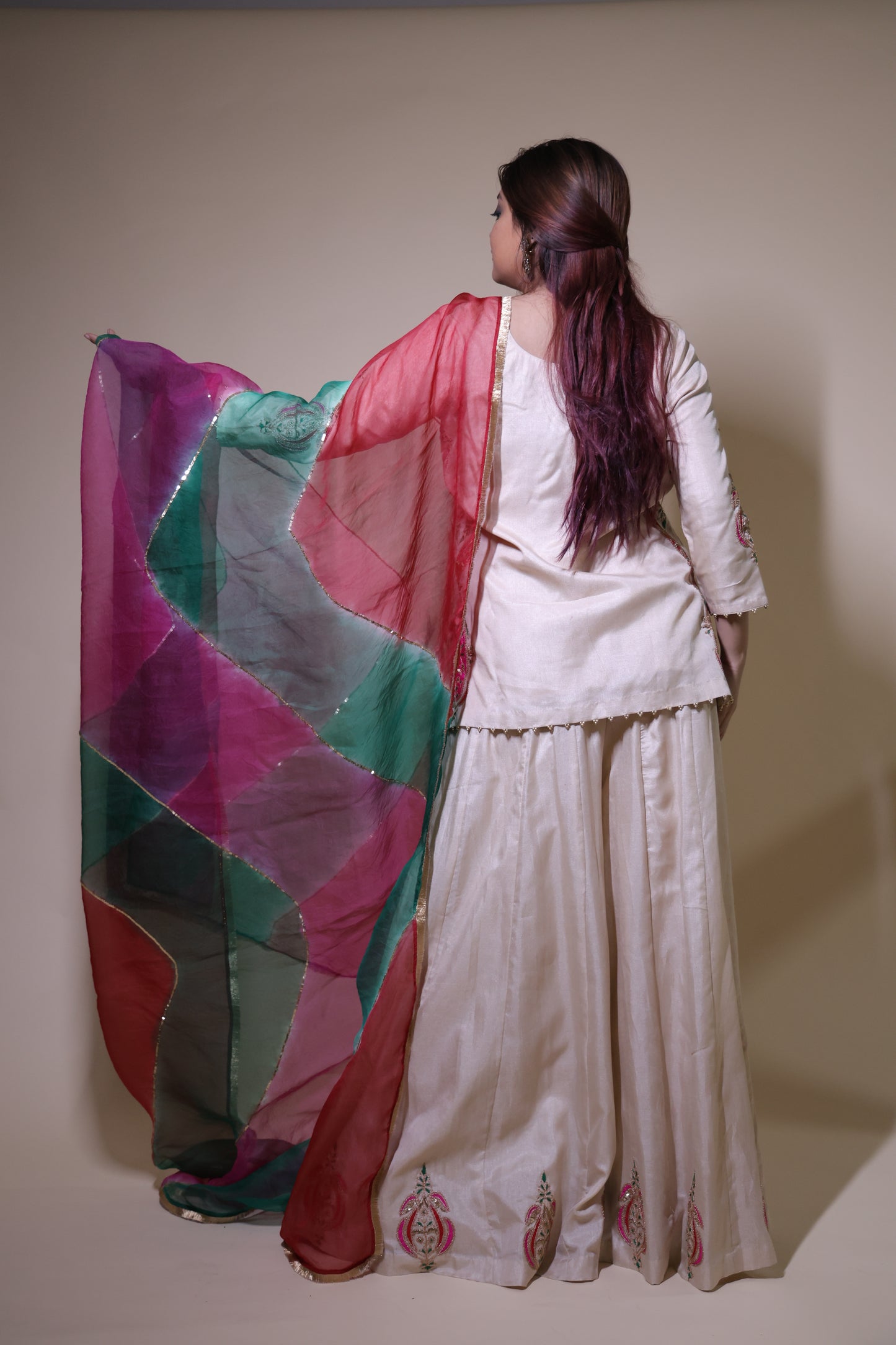 Cream Moonga Silk Sharara with Kurta & Organza dupatta