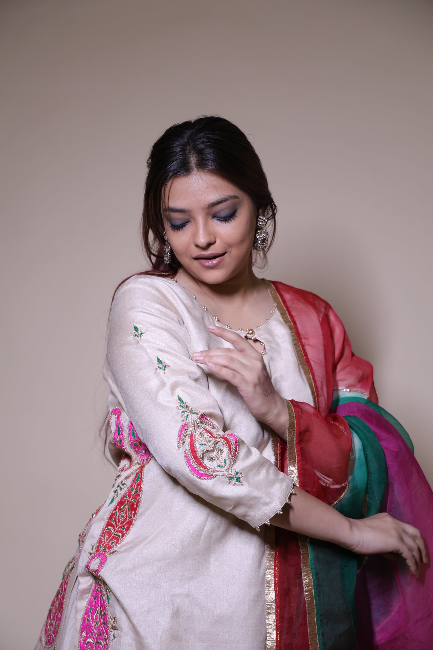 Cream Moonga Silk Sharara with Kurta & Organza dupatta