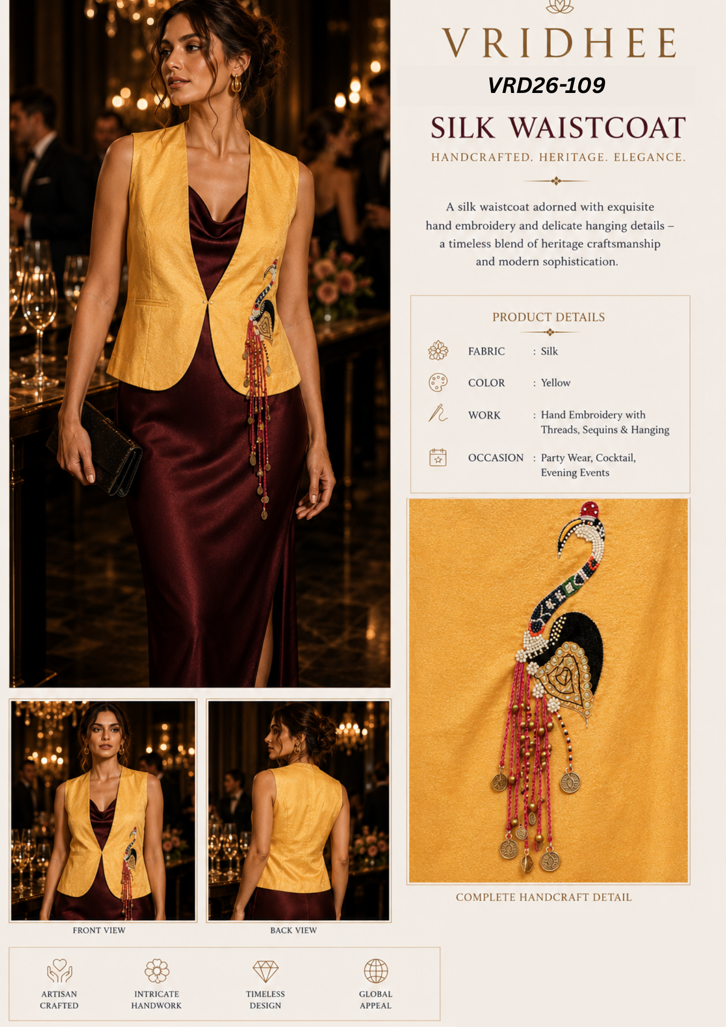Mustrad color silk waistcoat with thread handwork