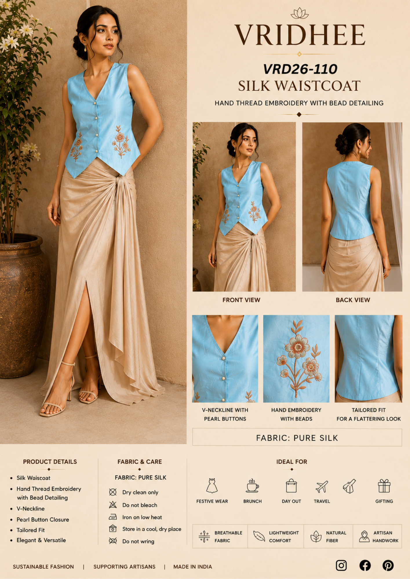 Blue silk jacket with thread hand embroidery
