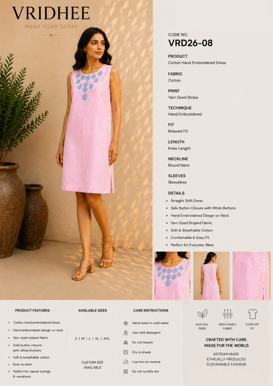 Pink cotton block print dress with patch and handwork