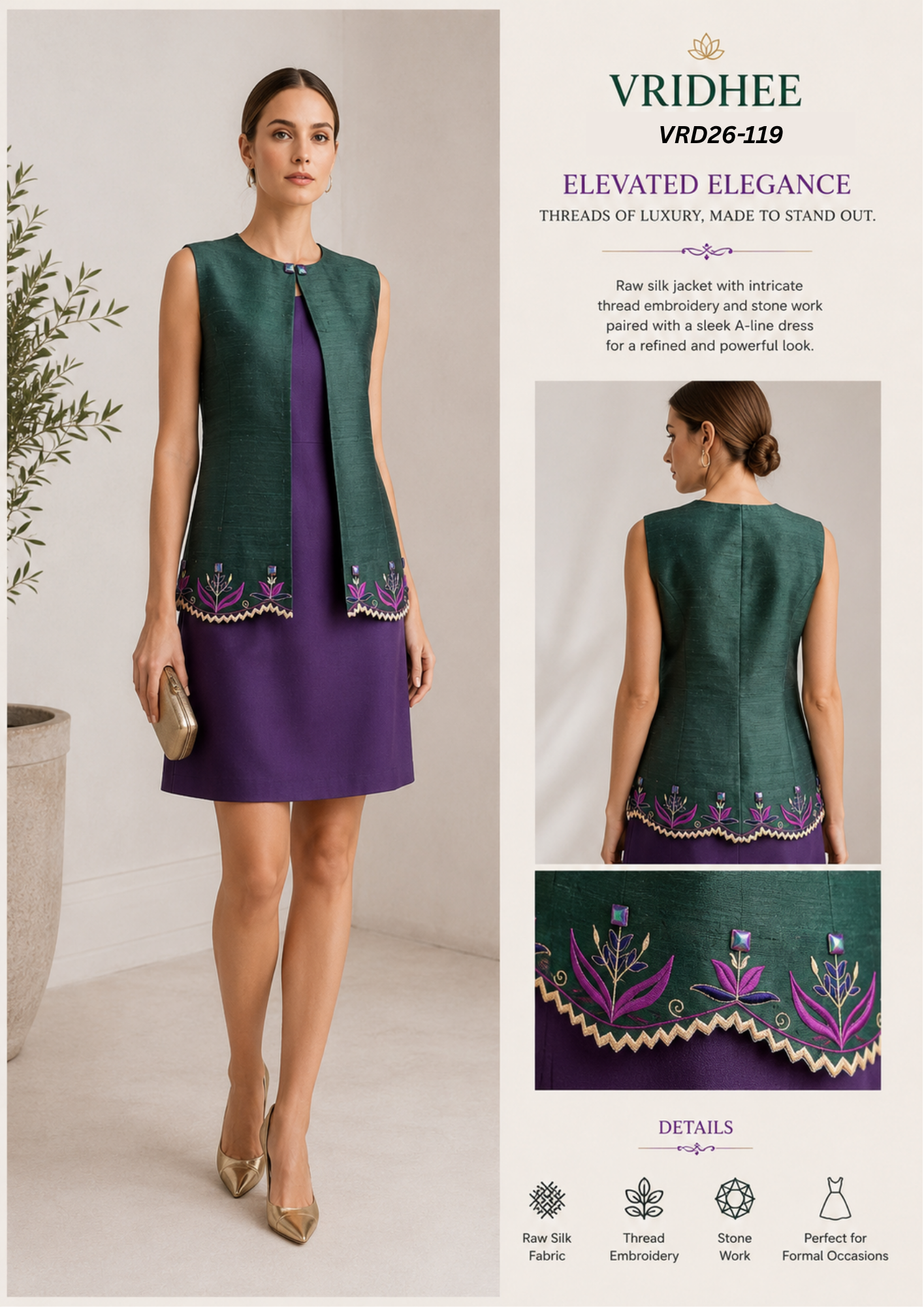 green raw silk jacket with embroidery
